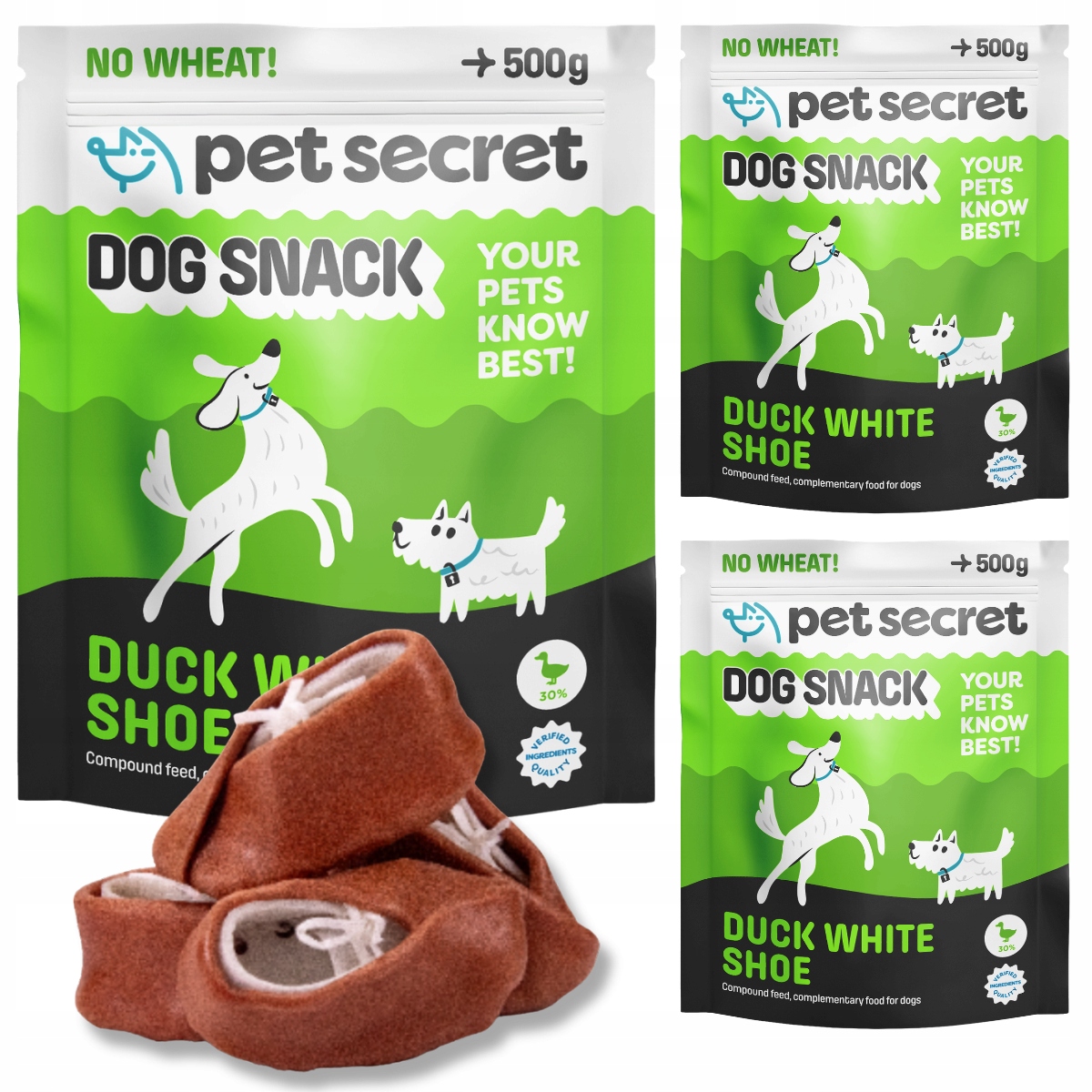 Psí pamlsek Bílé botičky v kachně 3x500 g Pet Secret Bezobilné kousátko