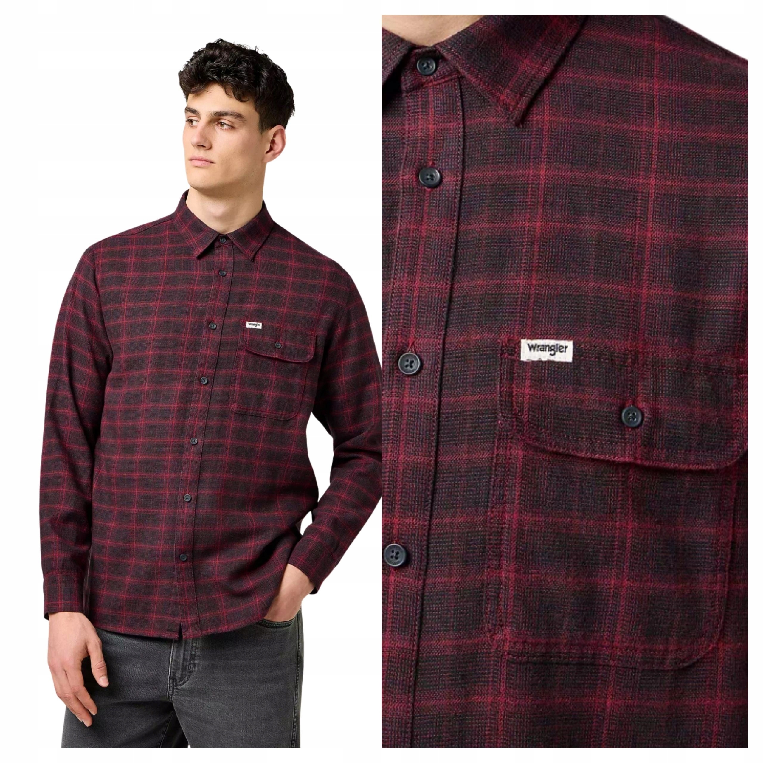 Pánská flanelová košile Wrangler 1 bod Bavlněná košile Bordó L