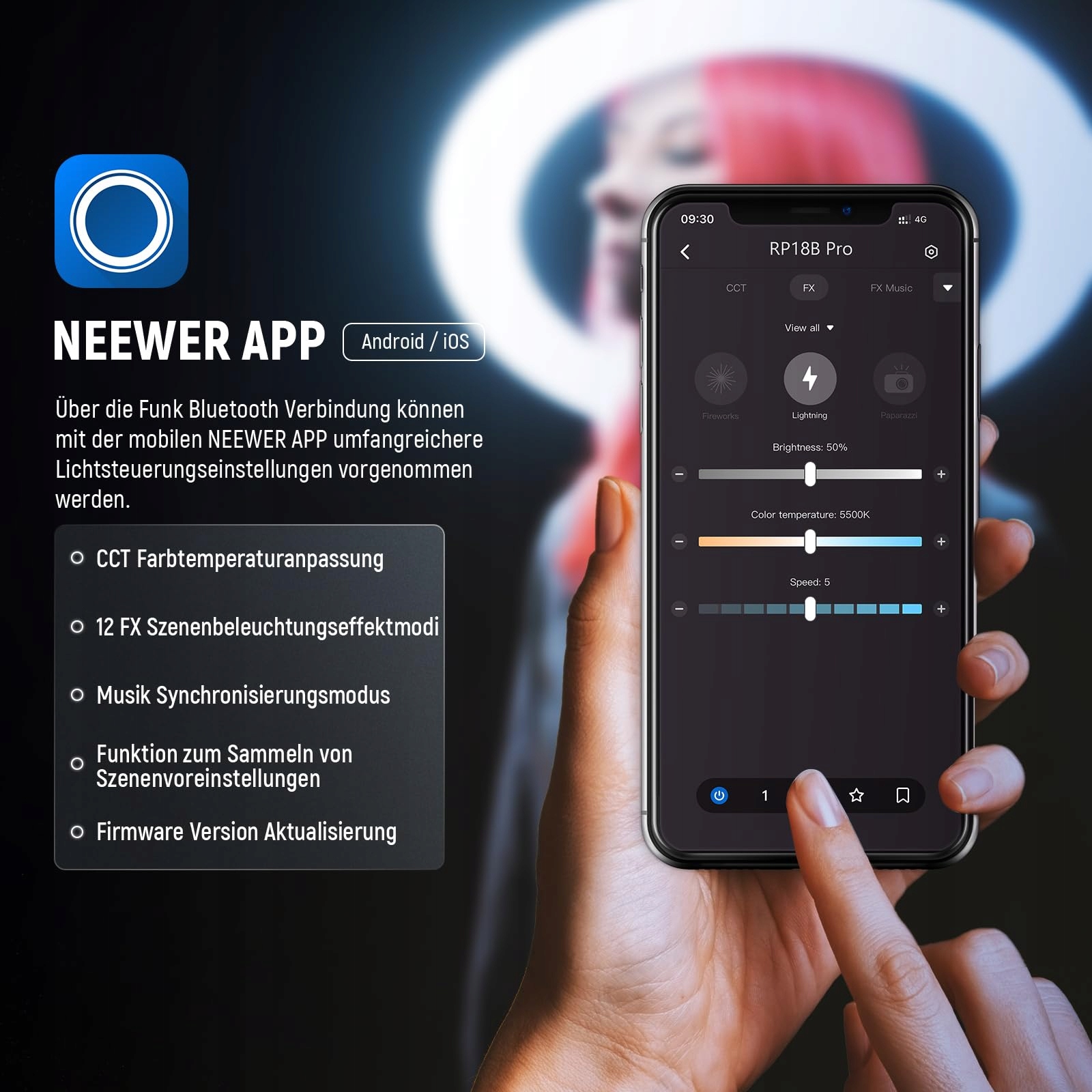 NEEWER Profesjonalne Ring Light 18 Cal 45W Stojak Uchwyt Telefonu Aplikacja — miniatura 5