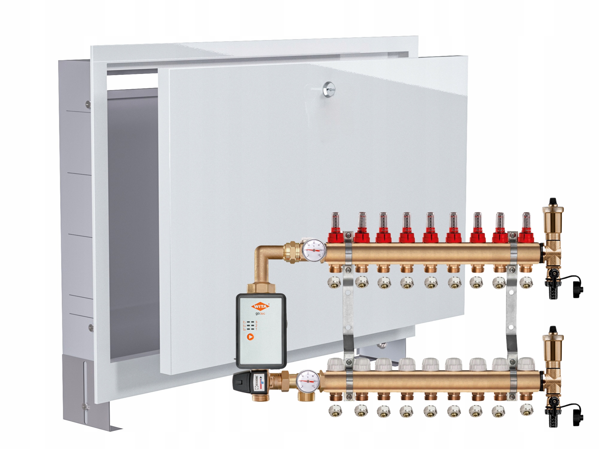 Mosazný Rozdělovač Podlahovky 9+ČERPADLO Vítá Go.tec+podomítková Skříňka+pex