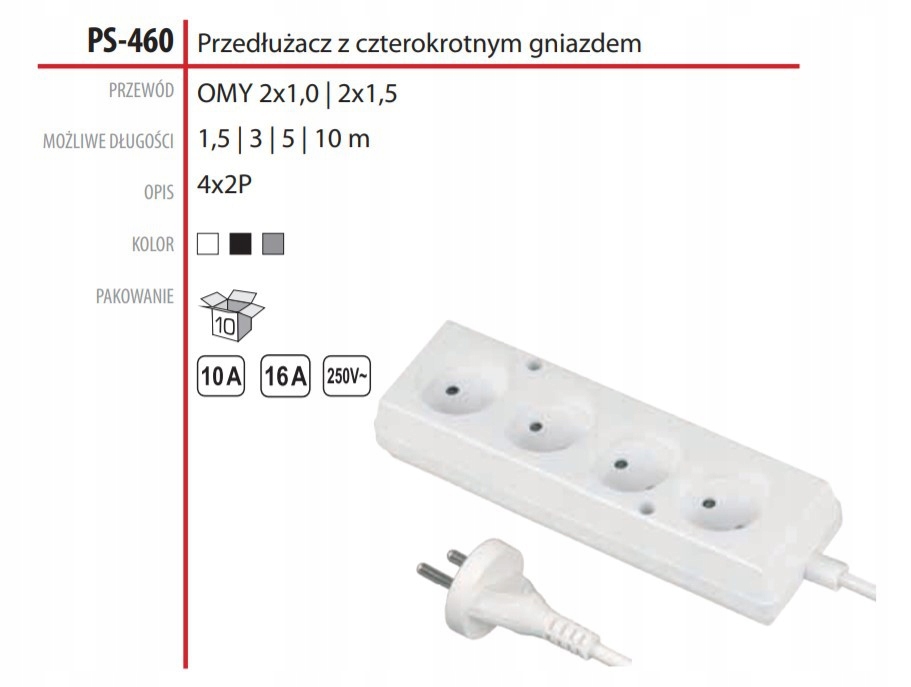 PRZEDŁUŻACZ 4X BEZ UZIEMIENIA PS-460 5M Marka Jonex