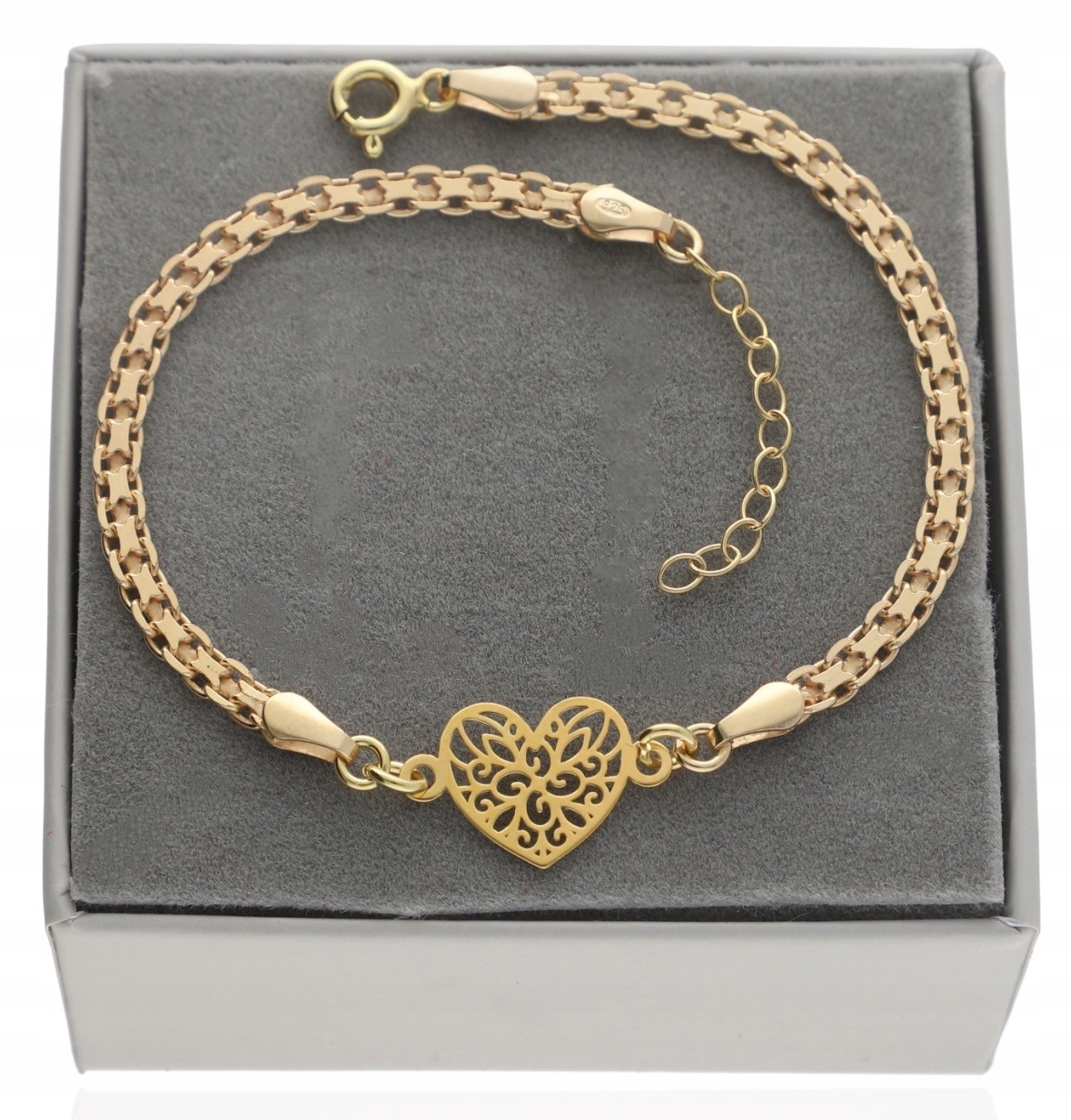 Zlatý široký elegantní náramek se srdcem Srdce Ažur stříbro 925