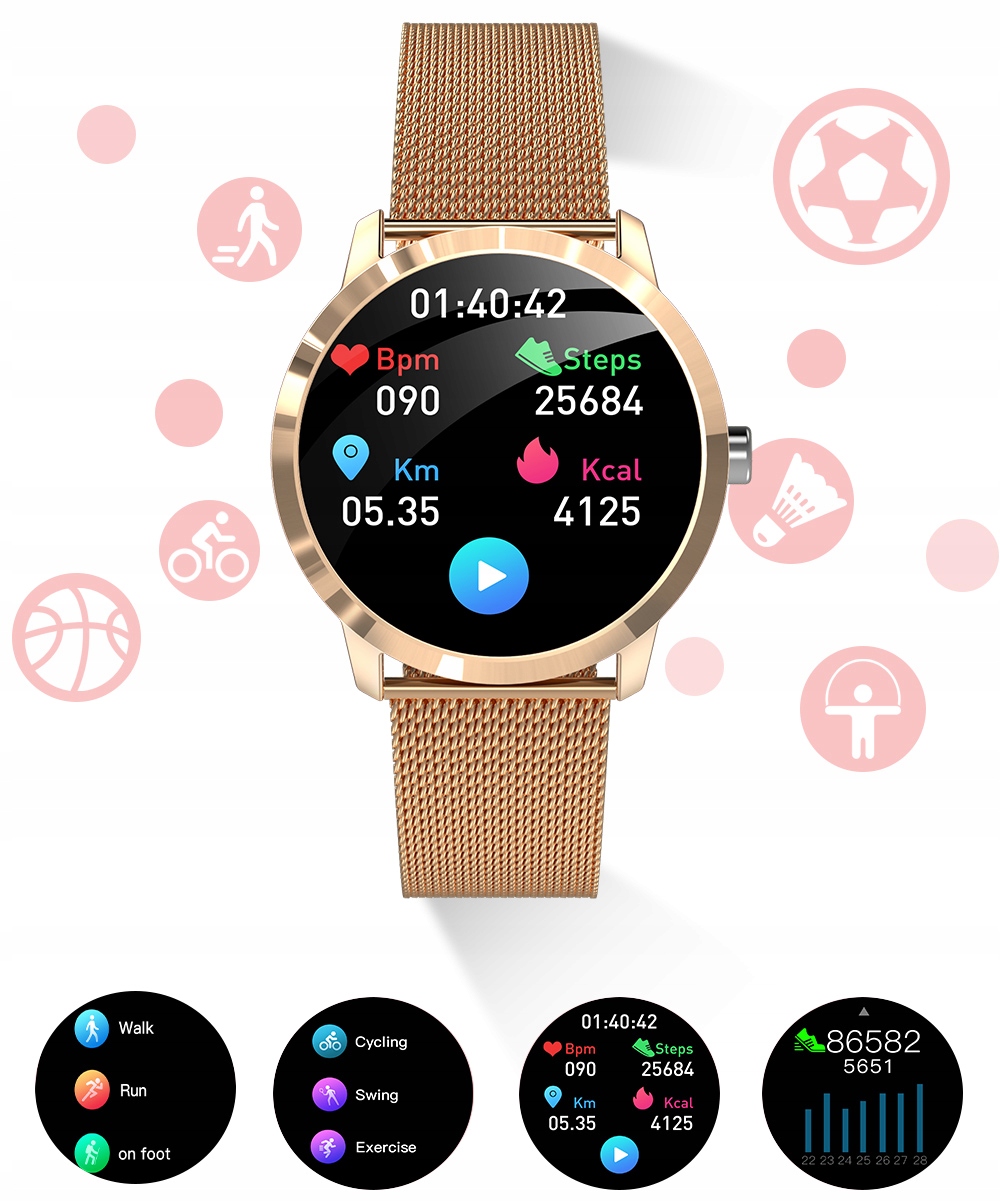 ZEGAREK DAMSKI SMARTWATCH WODOODPORNY MENU PL Kształt koperty okrągła