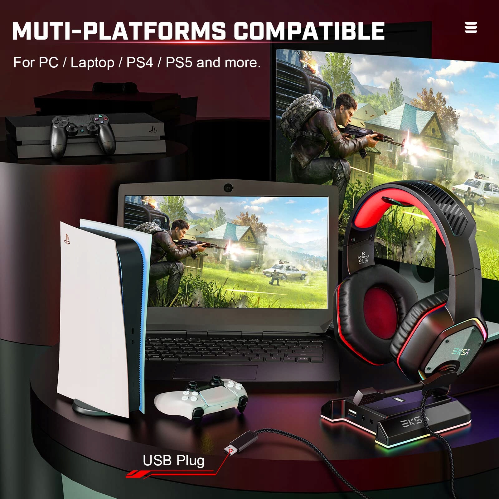 EKSA Słuchawki Gamingowe z Mikrofonem 71 Surround RGB dla PC PS4 PS5 Laptop — miniatura 7