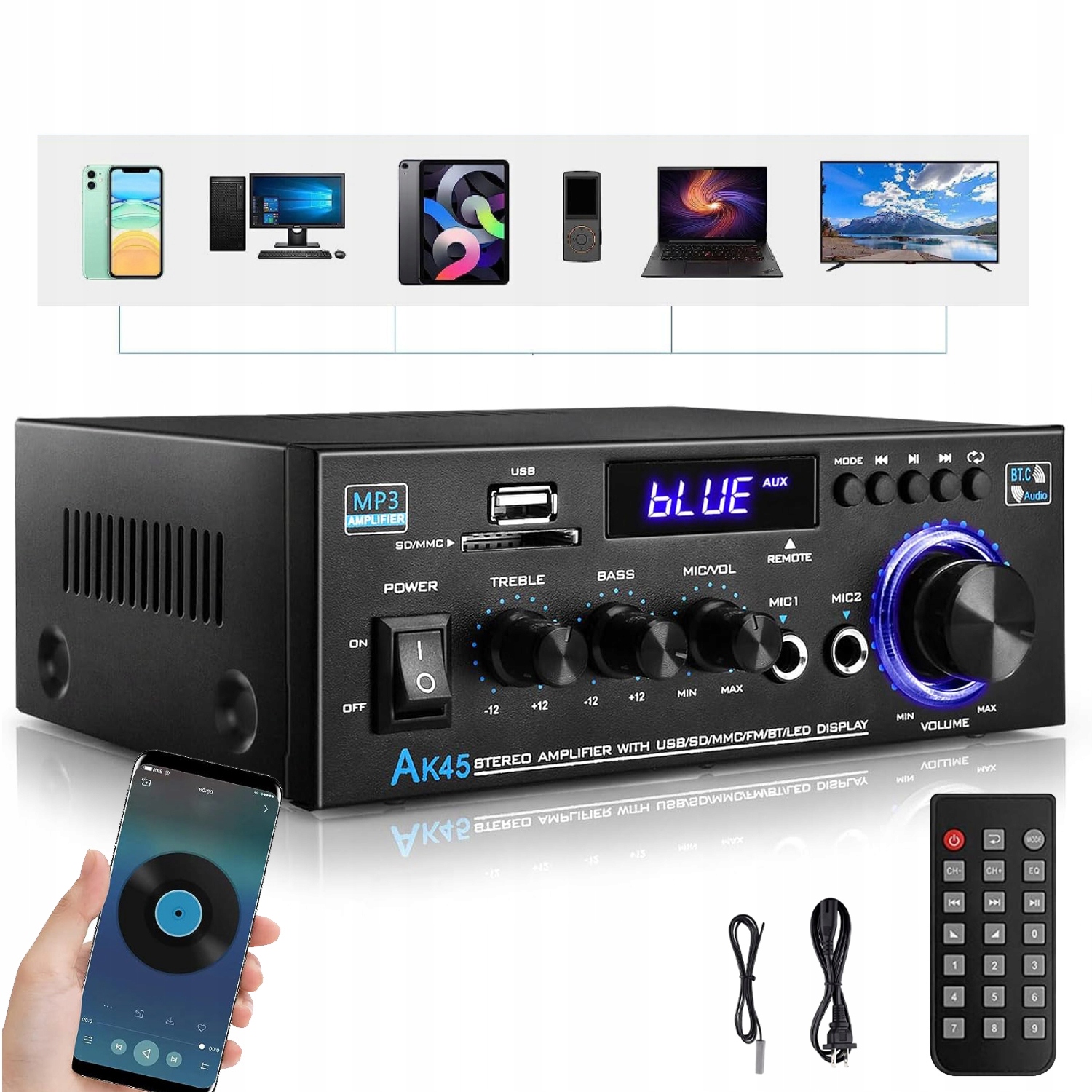 Bluetooth Audio Zesilovač Rádio Fm Přehrávač MP3 Stereo Receiver Výkonný