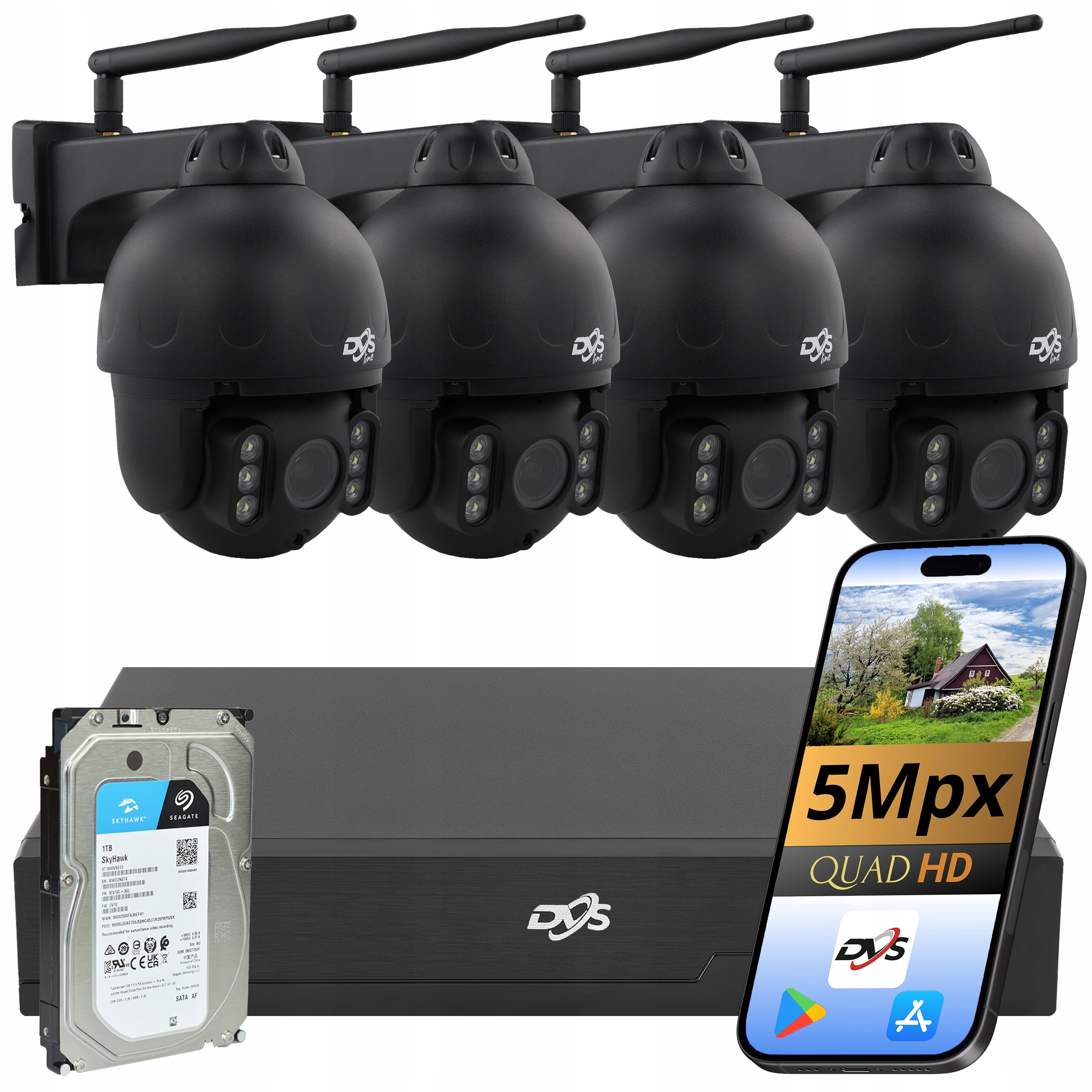 Set Kamer Wifi 4 Bezdrátové Otočné Černé Venkovní Kamery 5MP 1TB