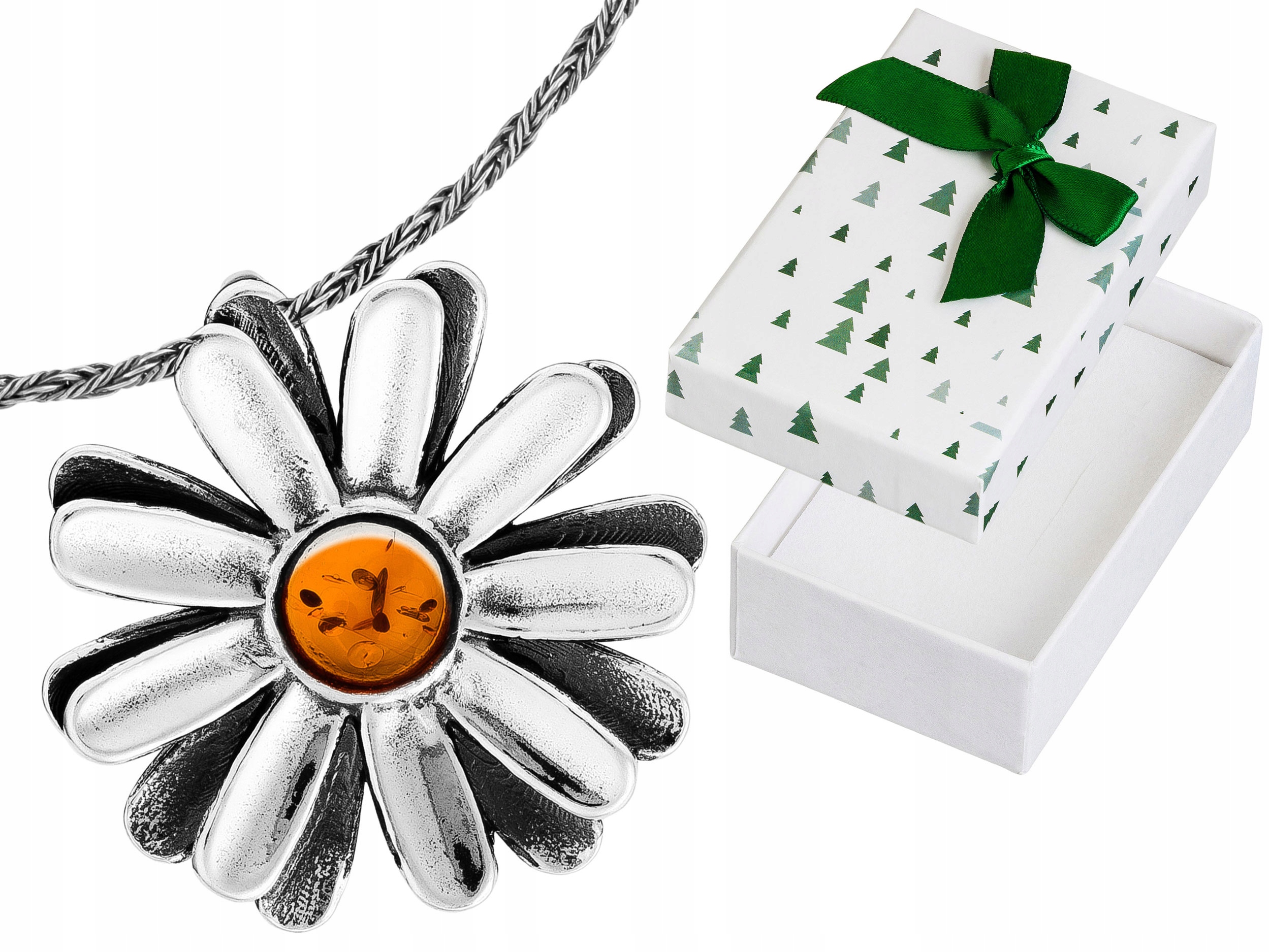 Krátký stříbrný dámský náhrdelník s velkým květem sedmikrásky a jantarem Choker 30