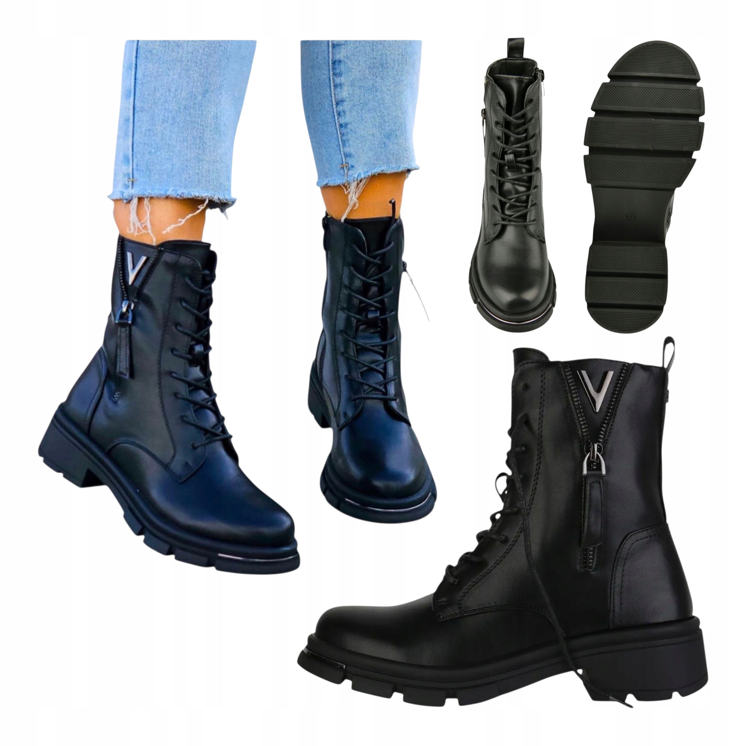 Dámské kožené trapery Kotníkové Boty na platformě, zateplené, vysoké, černé, velikost 37