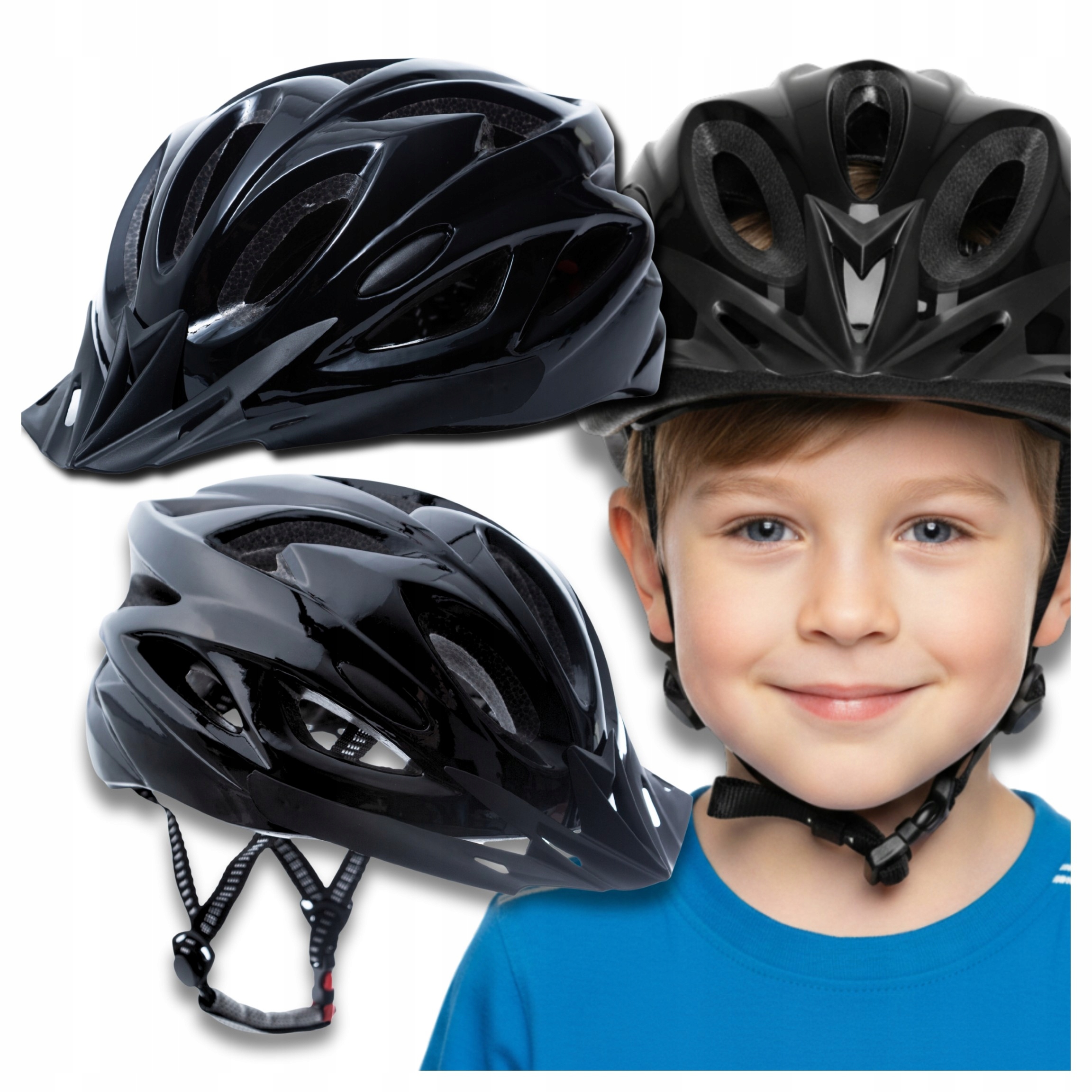 Kask rowerowy dziecięcy czarny, regulowany, obwód głowy 54-62 cm