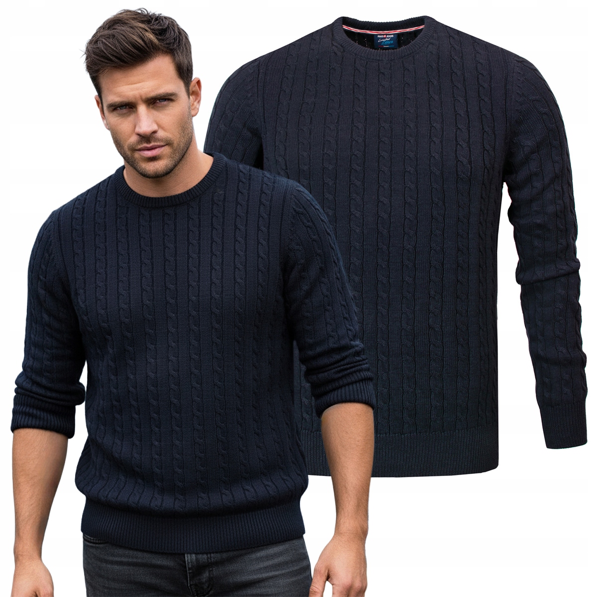 Teplý a Módní Pánský Svetr Tmavě Modrý s Copánkovým Vzorem Bavlněný Pako Jeans