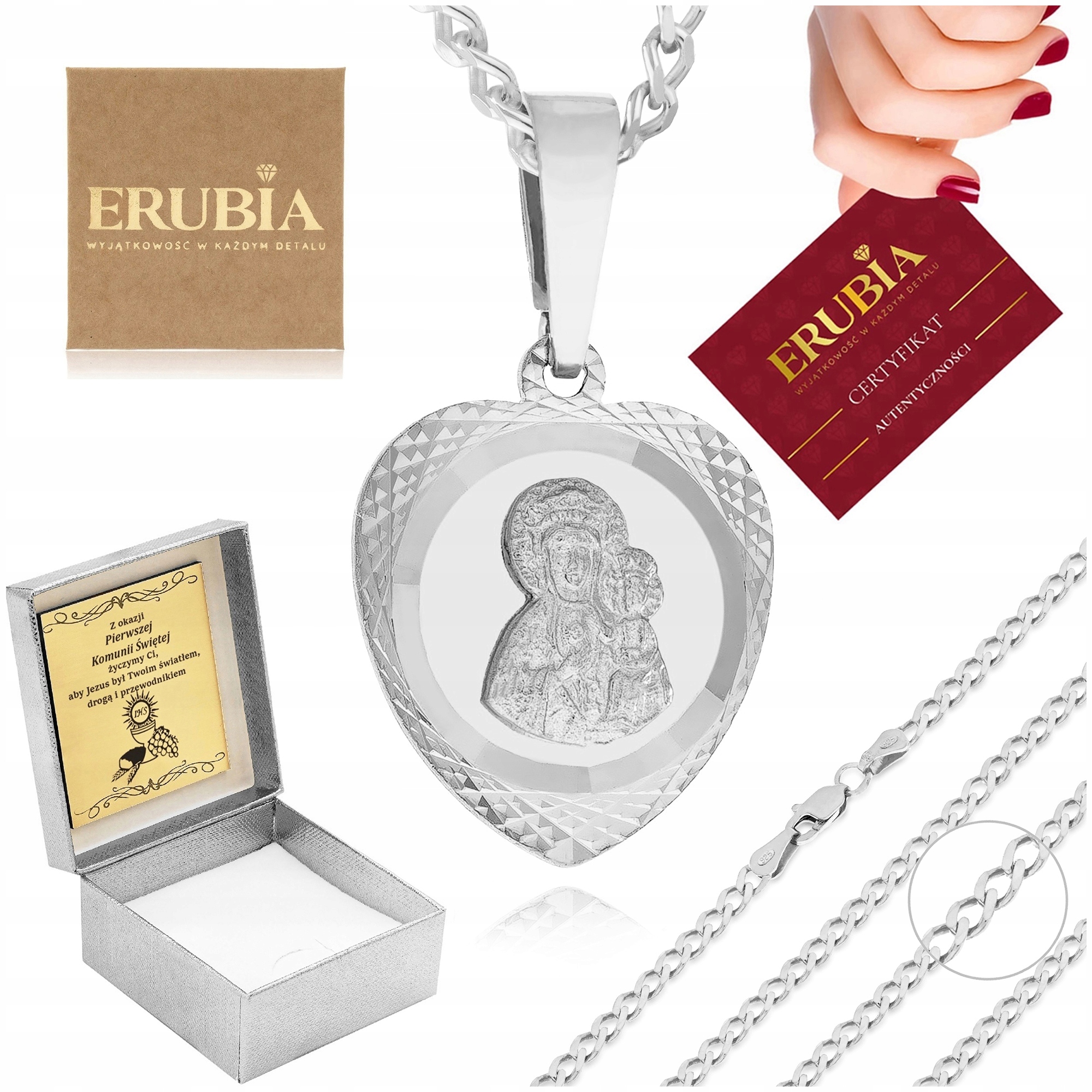 Krásný Stříbrný Řetízek 925 Přívěsek Medailon K Prvnímu Svatému Přijímání Matka Boží 45 CM