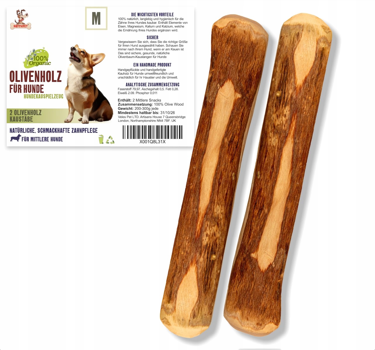 Matchpet Dřevěné kostky pro psy, střední žvýkací hračky, 2 kusy