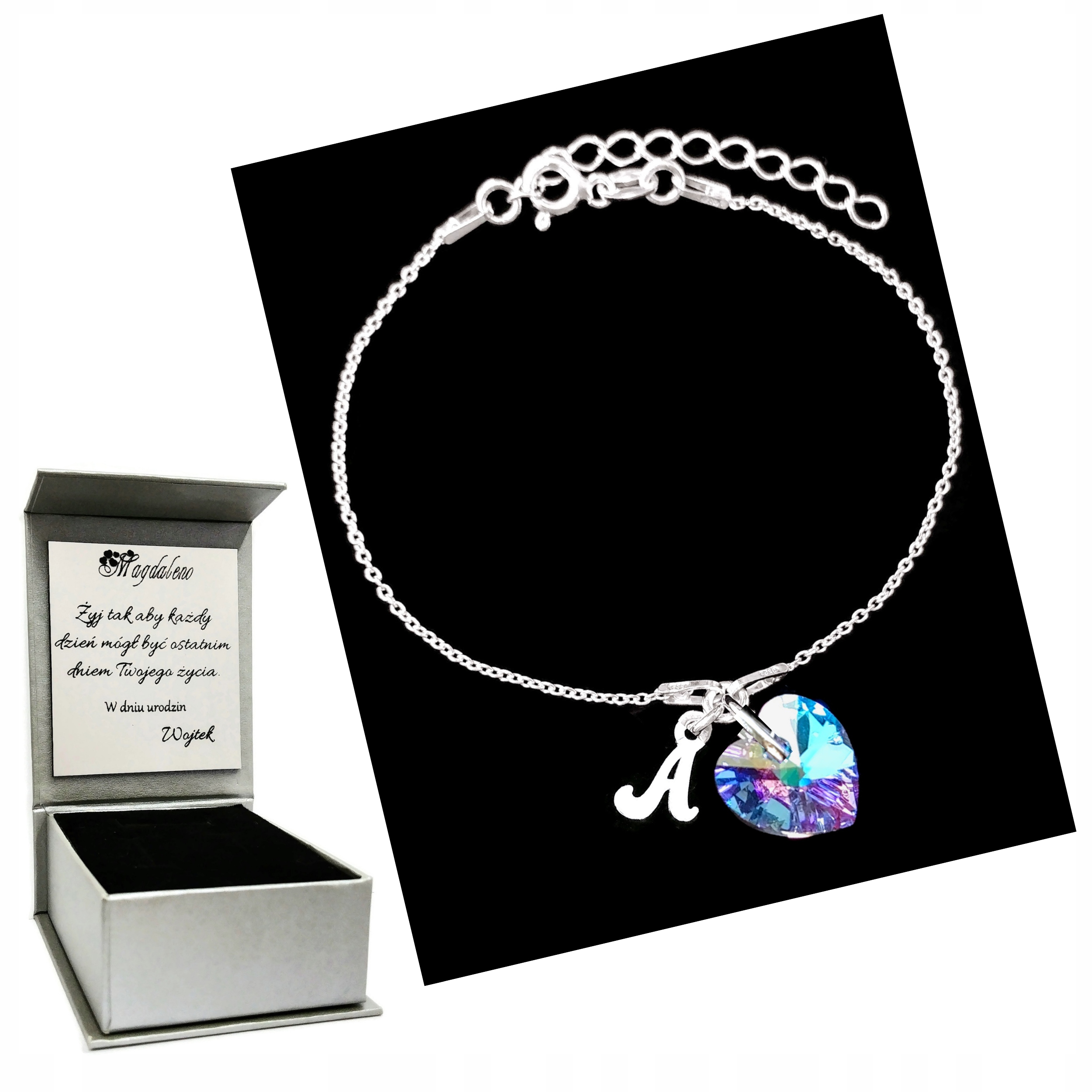 

Bransoletka Literka A Serce Swarovski Grawer 925