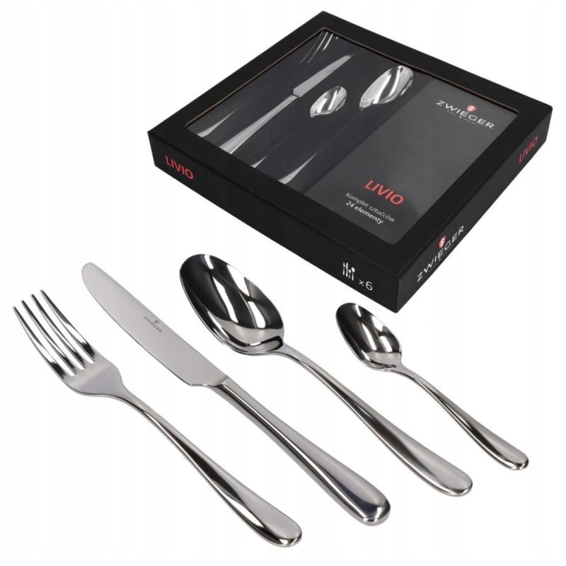KOMPLET SZTUĆCÓW ZESTAW ZWIEGER LIVIO 24 elementy STAL 18/10 Zawartość zestawu Łyżeczka Łyżka Nóż Widelec