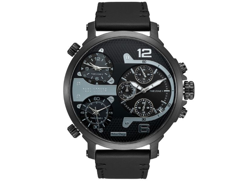 Černý pánské hodinky velký černý ciferník s vícebarevným koženým řemínkem