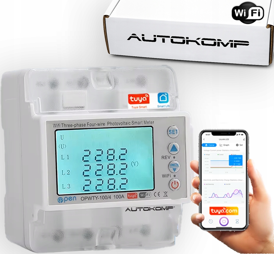 Merač energie a prúdu 3 fázy 100A 400V Tuya WiFi Din 2-smerový Pv