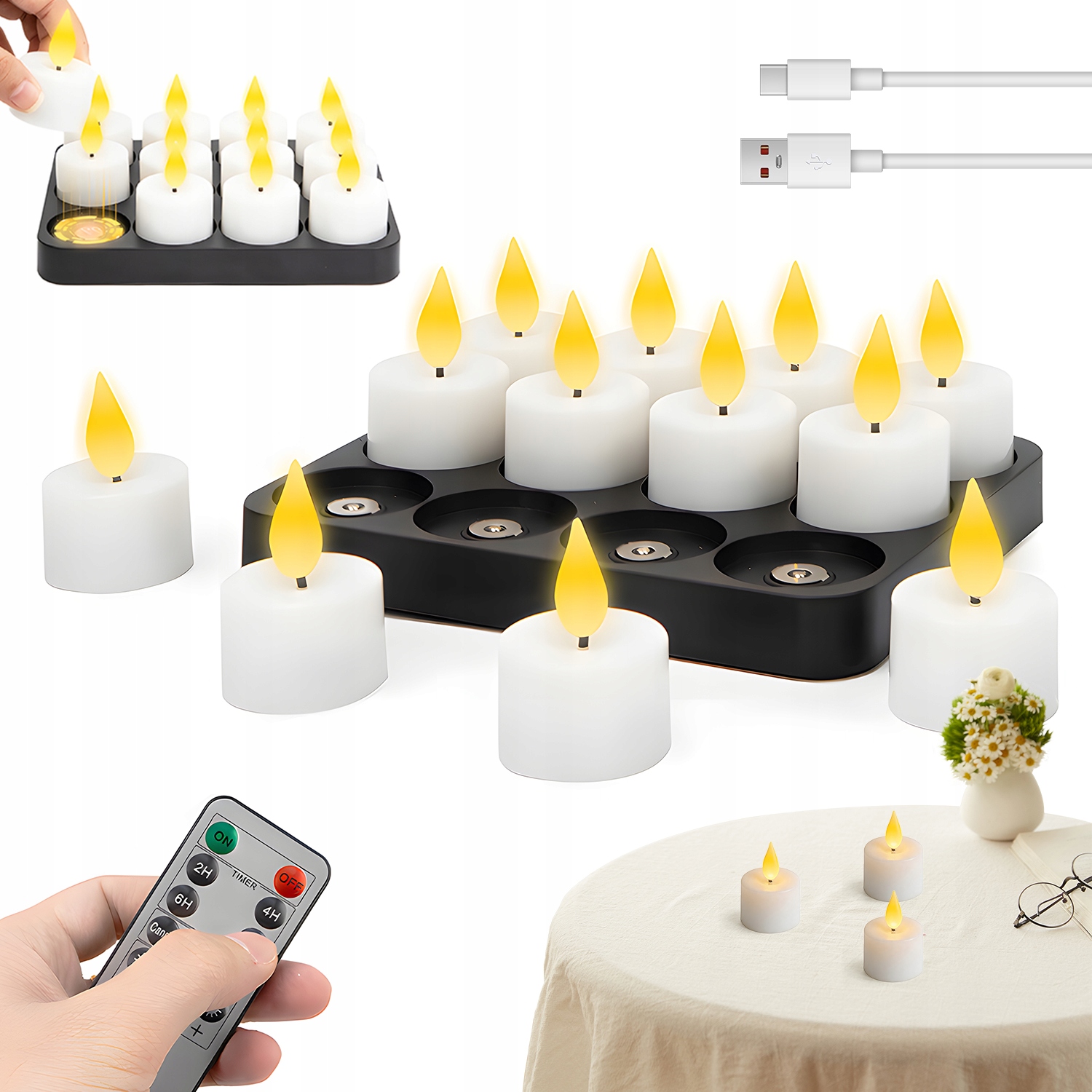 Sada 12 Led Svíček S Dálkovým Ovládáním A Nabíječkou Usb
