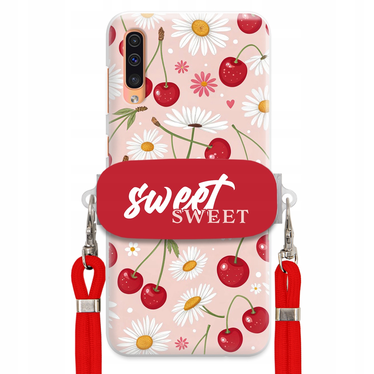 Pouzdro pro Samsung A30s Červené vodítko držák Crossbody Sweet Višňový Květ