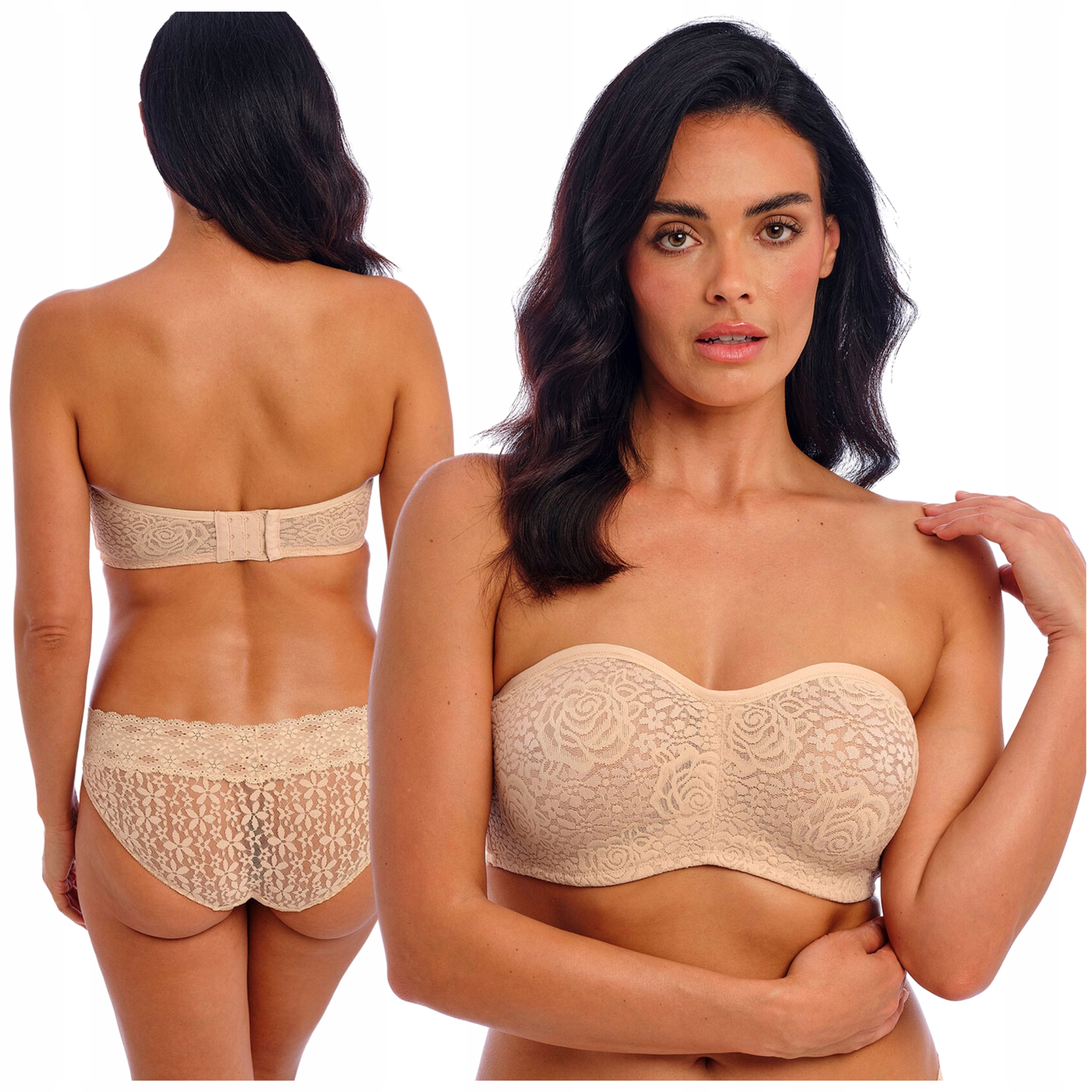 Měkká podprsenka strapless bardotka bandeau Wacoal Halo Lace béžová 32E/70F