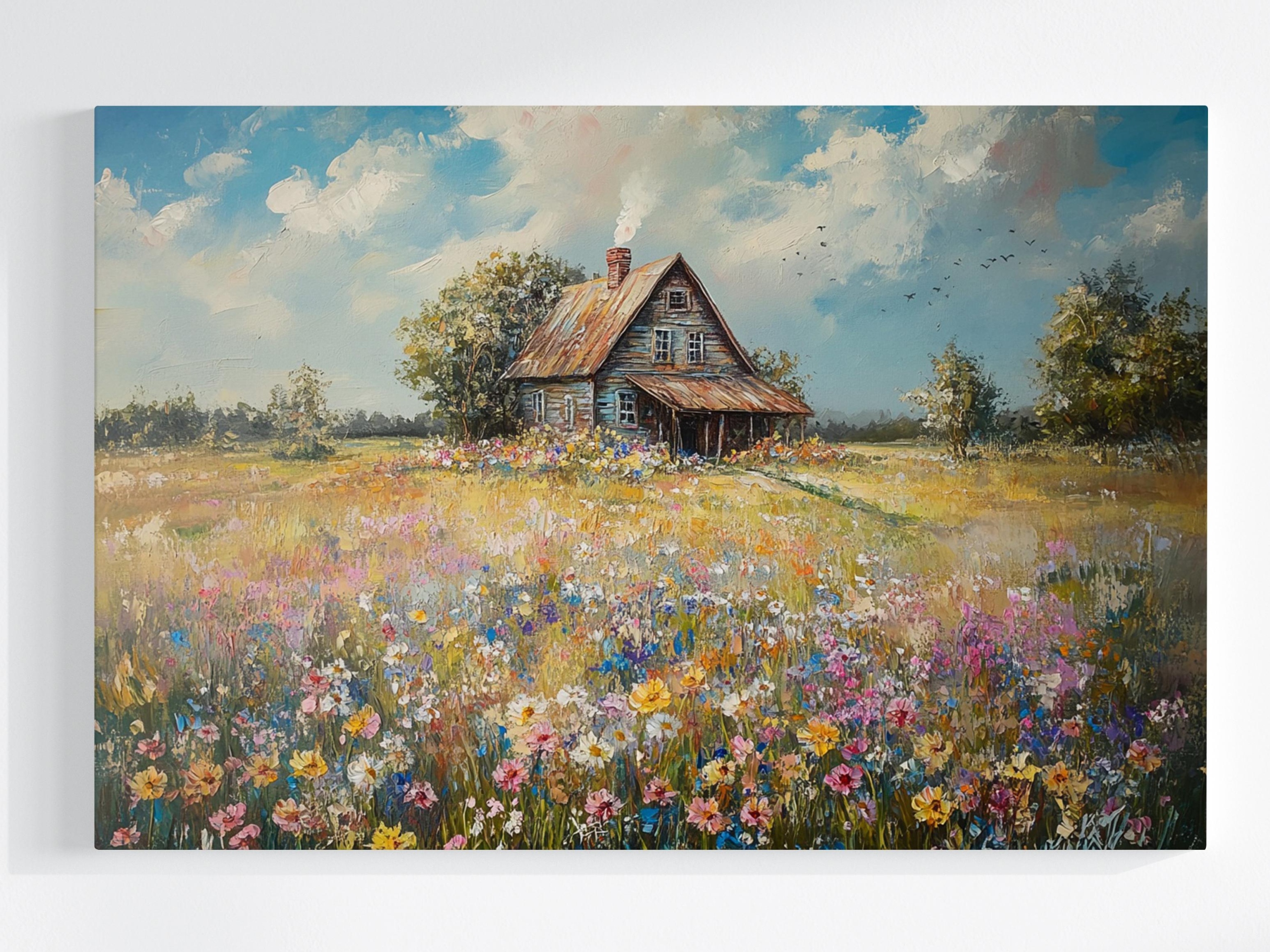 Obraz Na Plátně Canvas Krajina Vesnice Dům Chata Louka Květiny Jaro 120x80