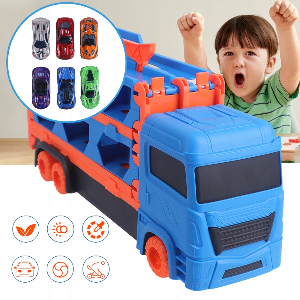 INTERAKTYWNA CIĘŻARÓWKA Z WYRZUTNIAMI I 6 MALUTKIMI WYŚCIGÓWKAMI Rodzaj pojazdu Ciężarówki