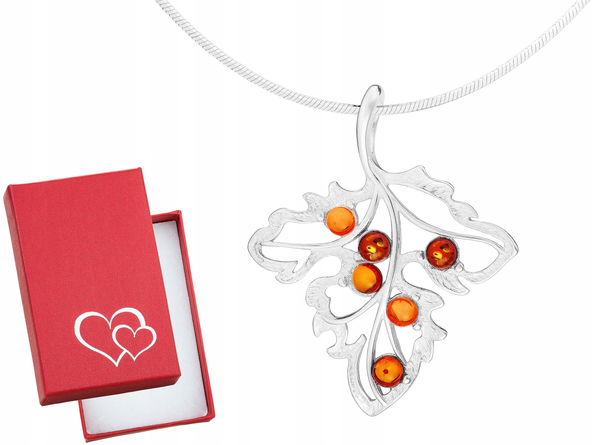 Dlouhý stříbrný ažurový dámský náhrdelník s listy jantaru a lístkem Stříbro 50