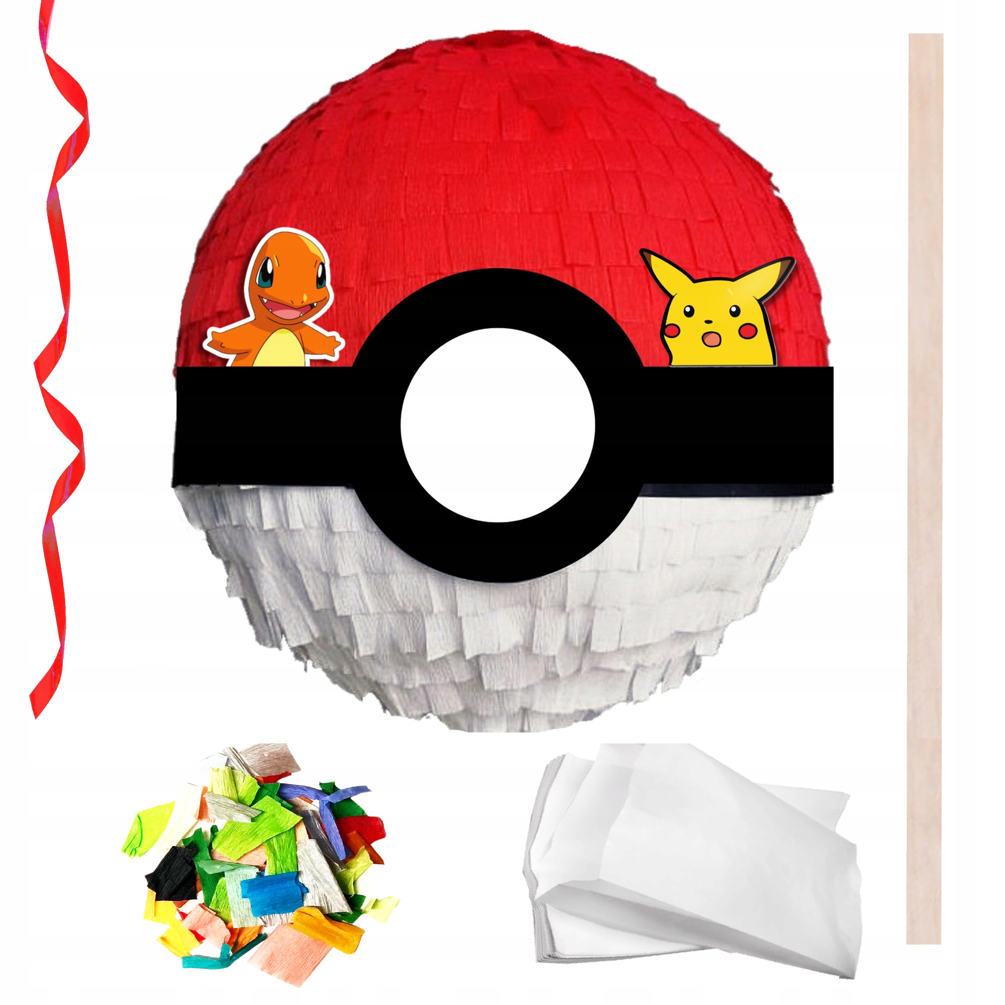 PINIATA Pokeball 90 CM MEGA ZESTAW Kij Konfetti Torebki na słodycze Wstążka