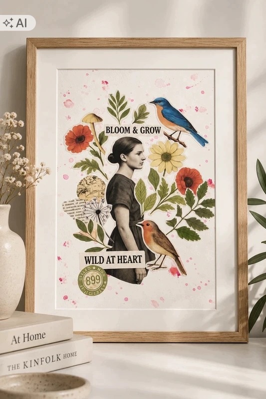 Ručně vyrobená koláž „Bloom & Grow“ v rámu s pasparta