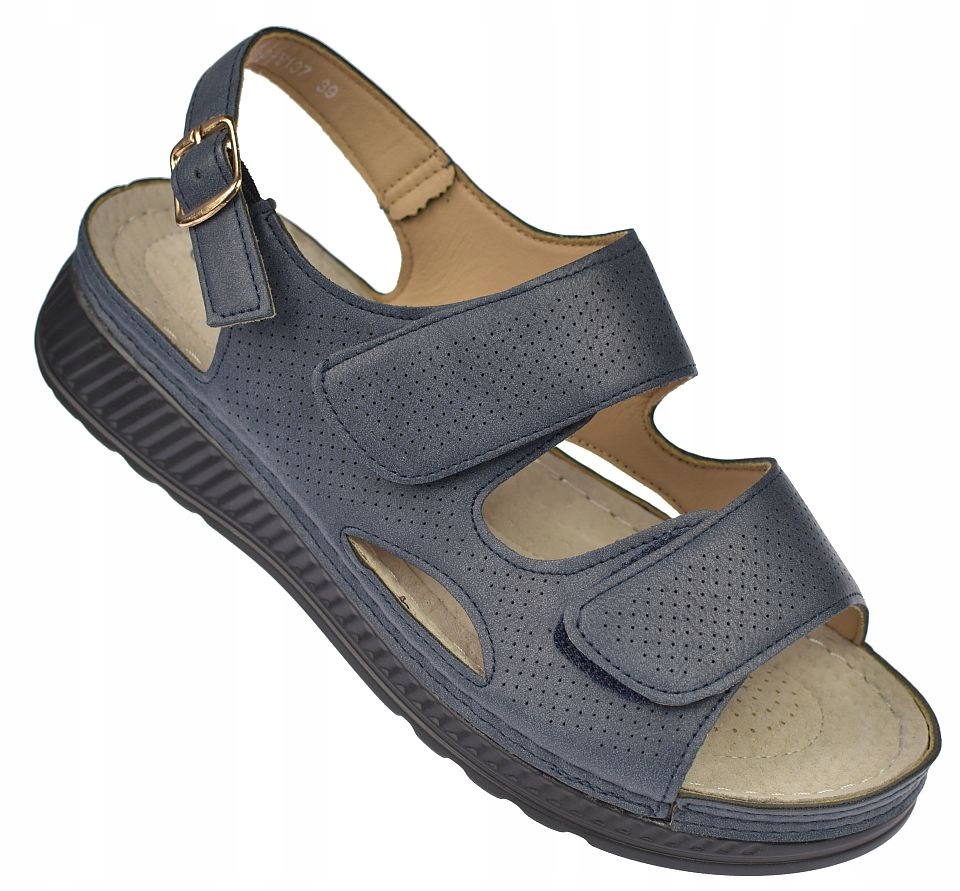 Dámské tmavě modré sandály na suchý zip S-3-Y137 stélka kůže komfort vel 36