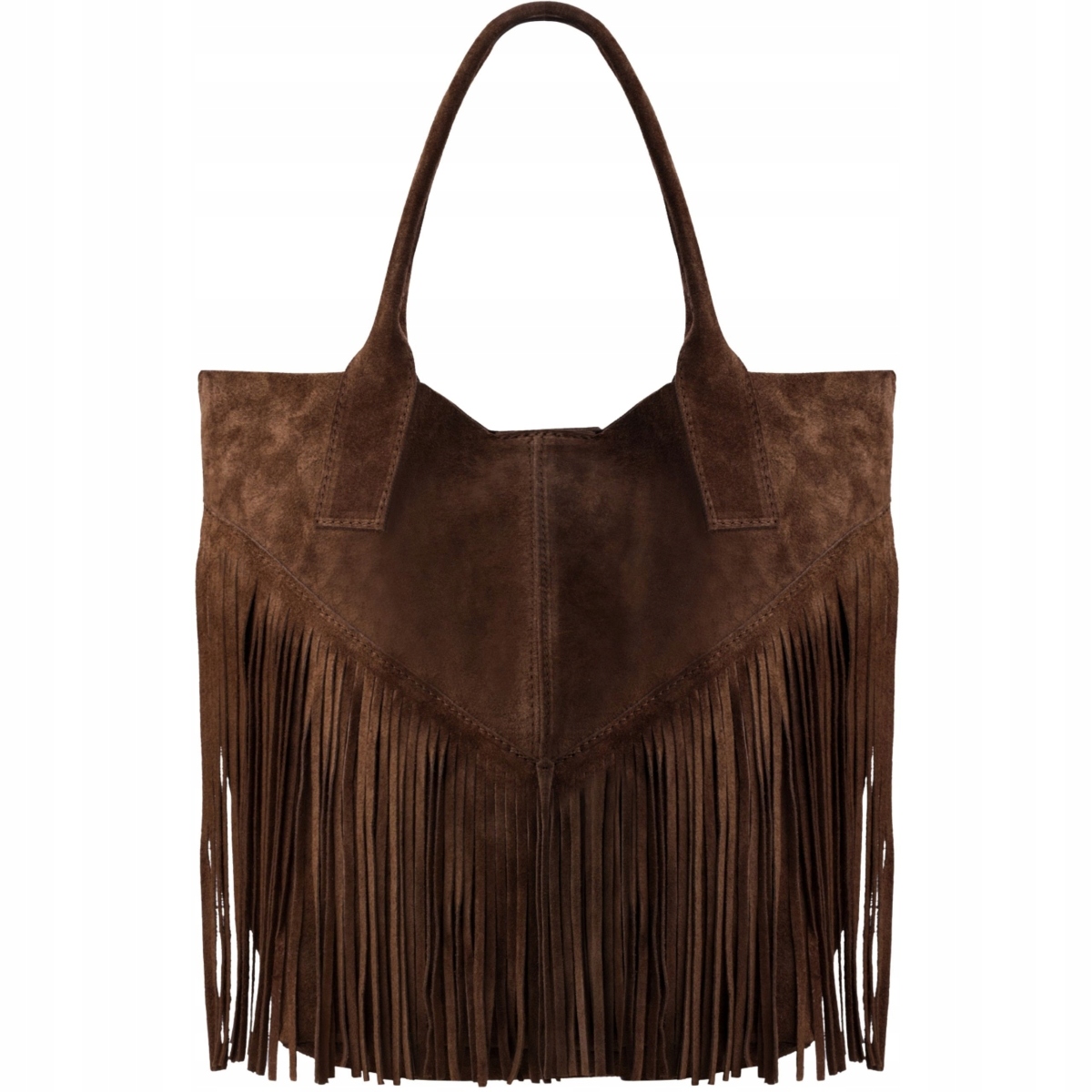 Čokoládová Semišová Italská Taška Shopper A4 Semiš Přírodní Třásně Boho