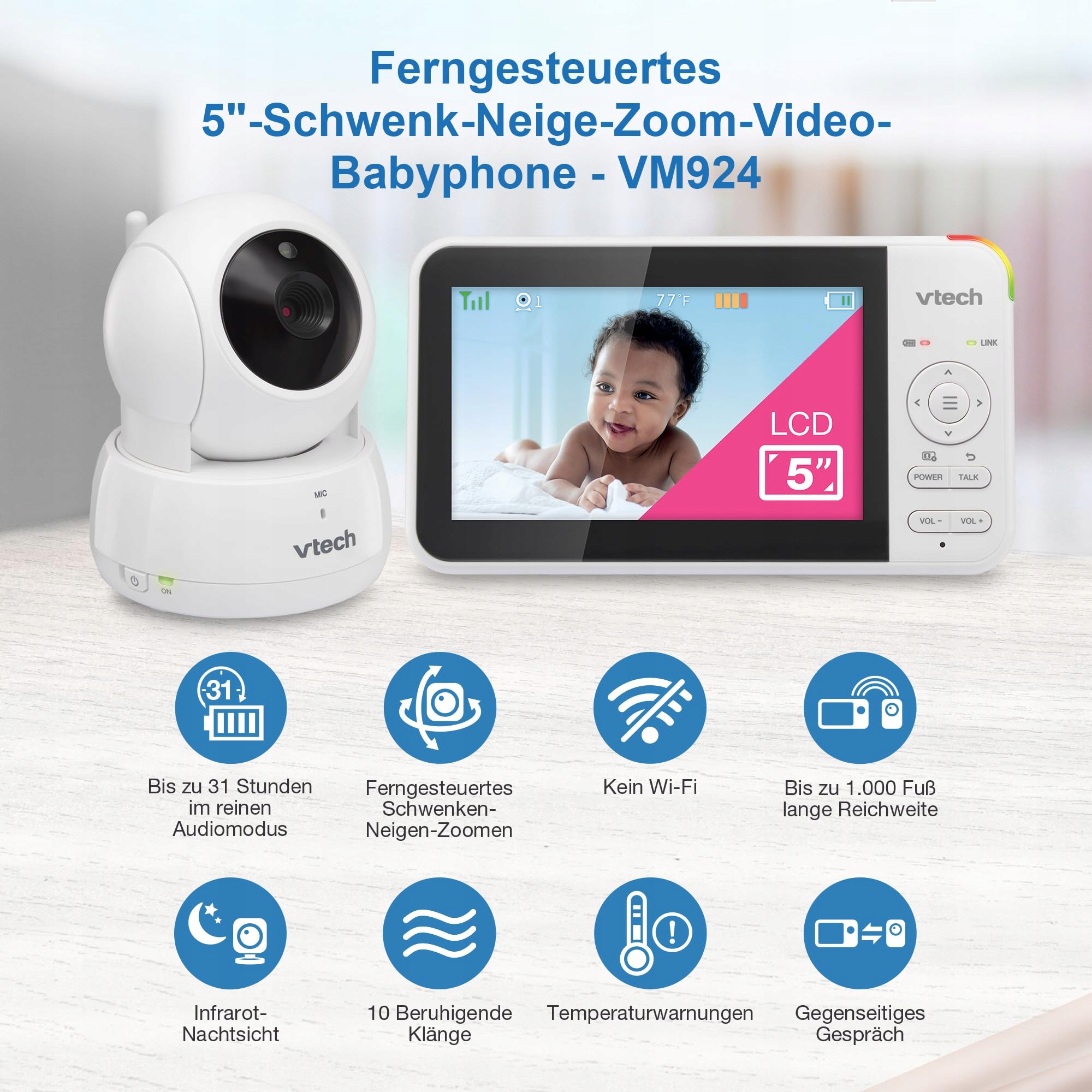VTECH Niania Elektroniczna Kamera 5 Calowy Ekran 31h Bateria HD Nocna Wizja — miniatura 3