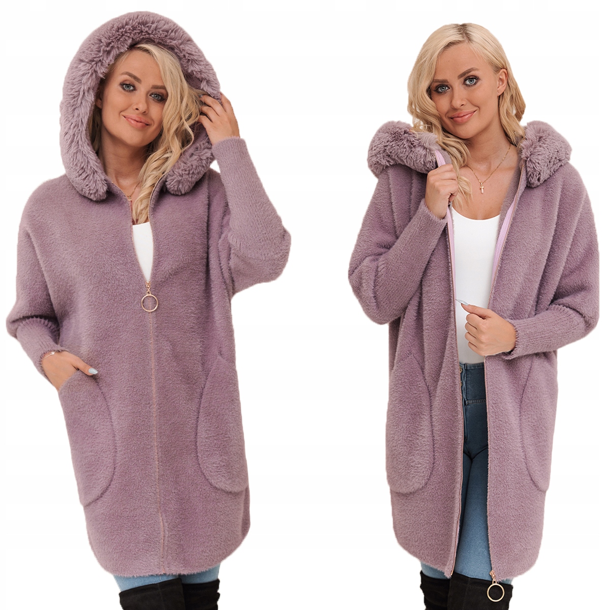 S Kožešinovým Kabátem Z Alpaky Na Zip, Teplá Vlna, Zhasnutý Vřes