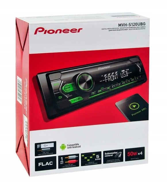 PIONEER MVH-S120UBG FLAC AUX USB ANDROID radio samochodowe 1-DIN zielony