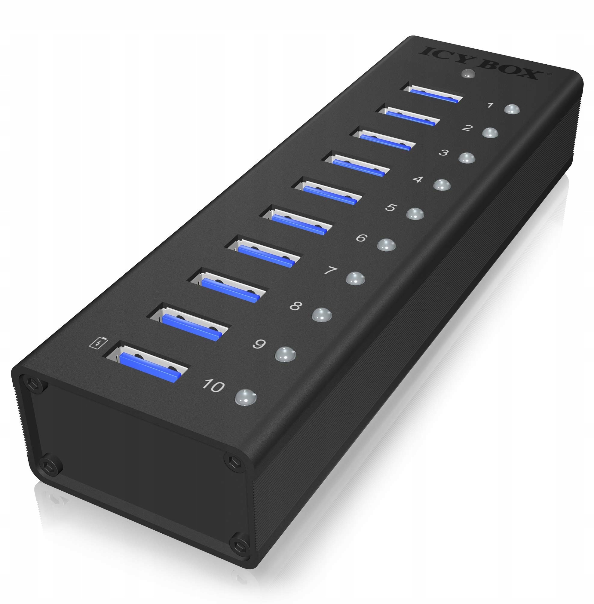 ICY BOX Hub USB 3.0 10 Portów Zasilacz 12V 4A Aluminiowy Czarny — miniatura 3