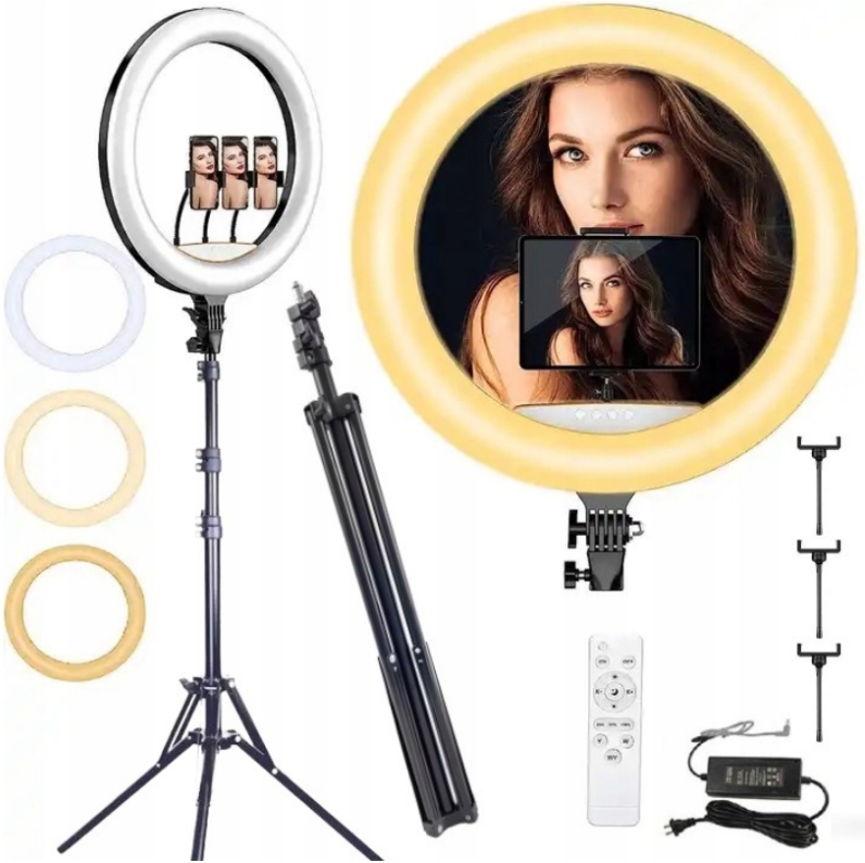 LAMPA PIERŚCIENIOWA 240W RING LED 45cm DUŻA PILOT + STATYW 220cm NA TELEFON
