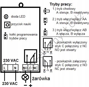 1k/230Vac Zdalne sterowanie Włącznik sterownik 2 piloty 1 kanał przekaźnik Kod producenta 000014004