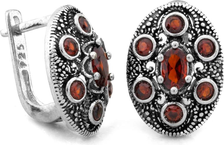 Stříbrné náušnice 925 oválné, oxidované s červenými zirkony jako dárek