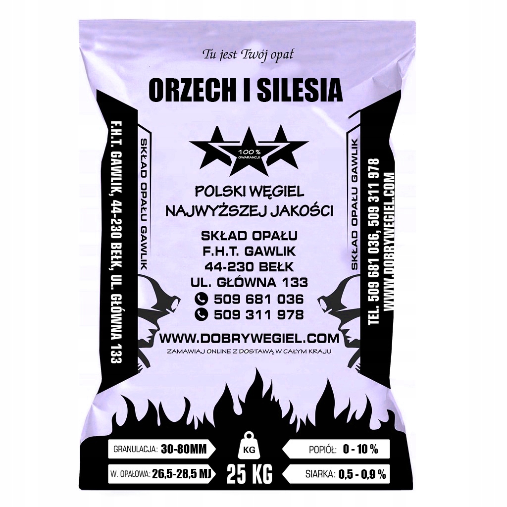 Węgiel Polski ORZECH I SILESIA kaloryczność 26,5-28,5MJ Worki 40x25KG= TONA