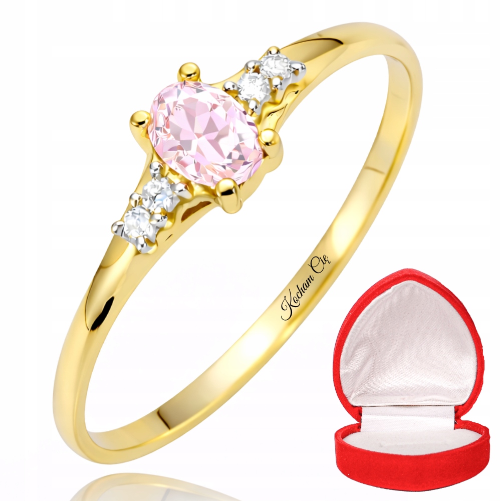 Złoty Pierścionek Zaręczynowy 333 z Jasnoróżową Cyrkonią Grawer r12