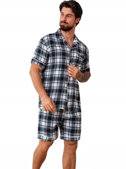 Rozepínací Pánské Pyžamo Horní Část Kompletně Zapínaná Na Knoflíky Šortky Mřížka XL