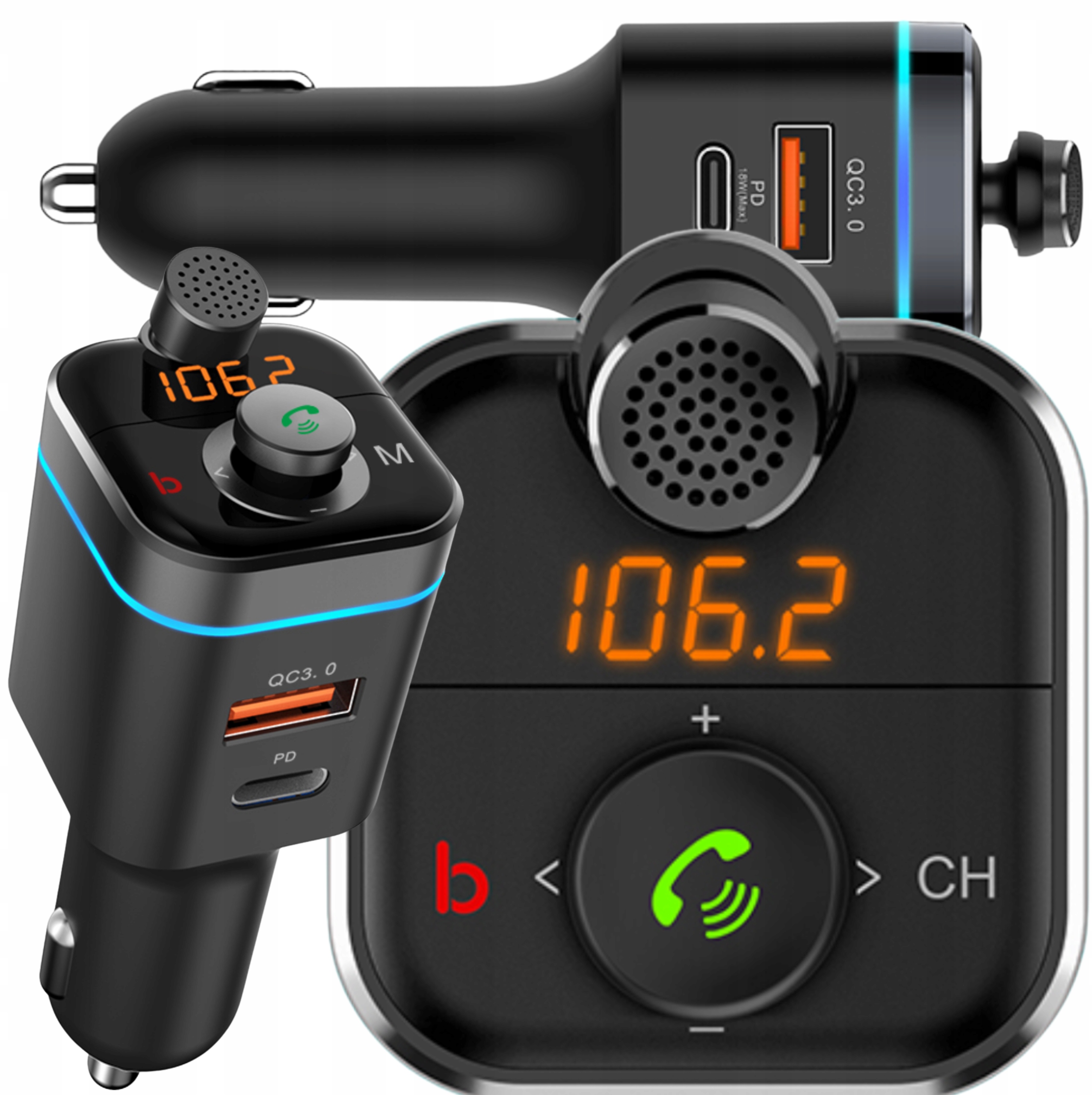 Fm Vysílač Usb Usb-c Rychlá Nabíječka Bluetooth Audio 12-24V Displej