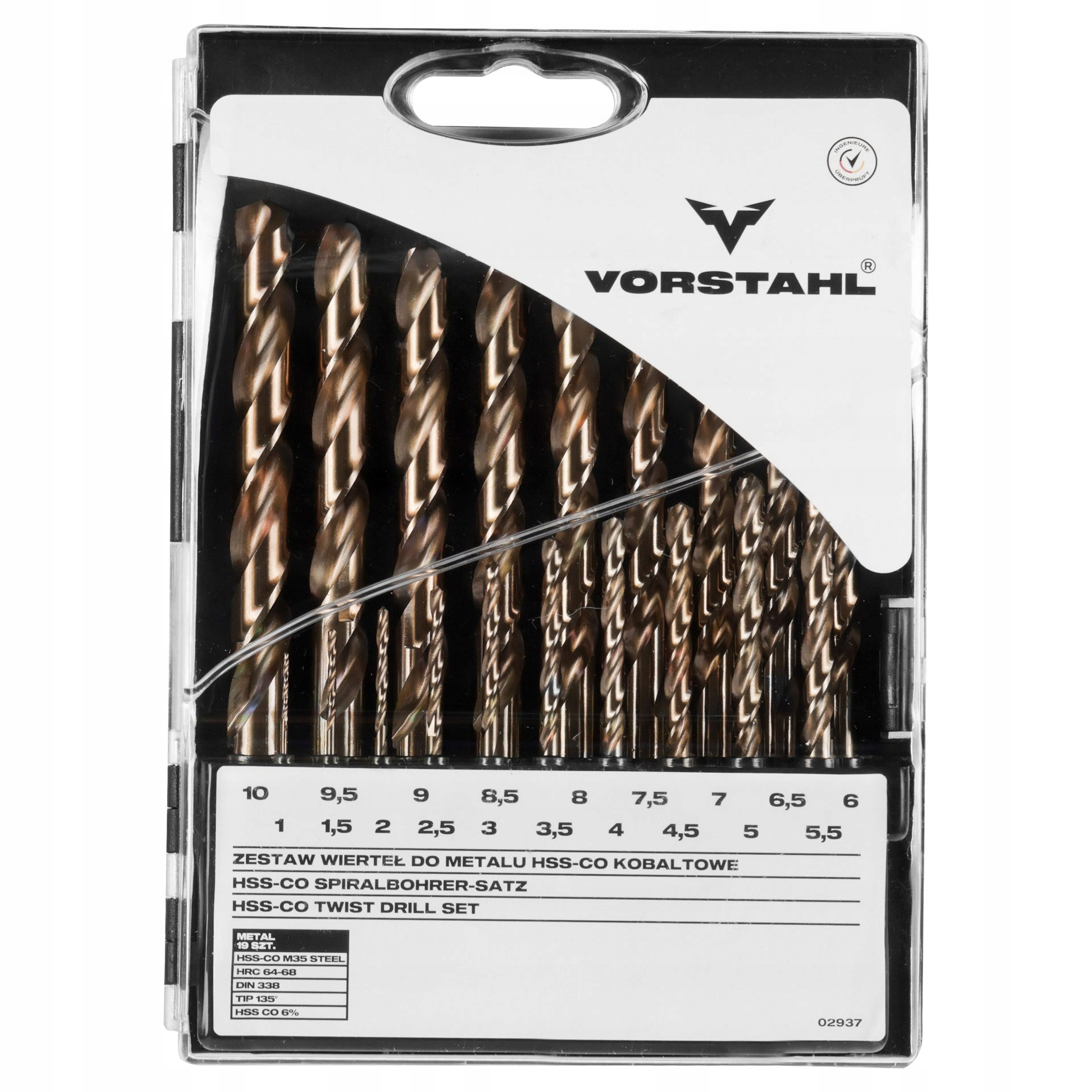 Zestaw wierteł Vorstahl Hss-co kobaltowych do metalu 1-10 mm 19 szt.