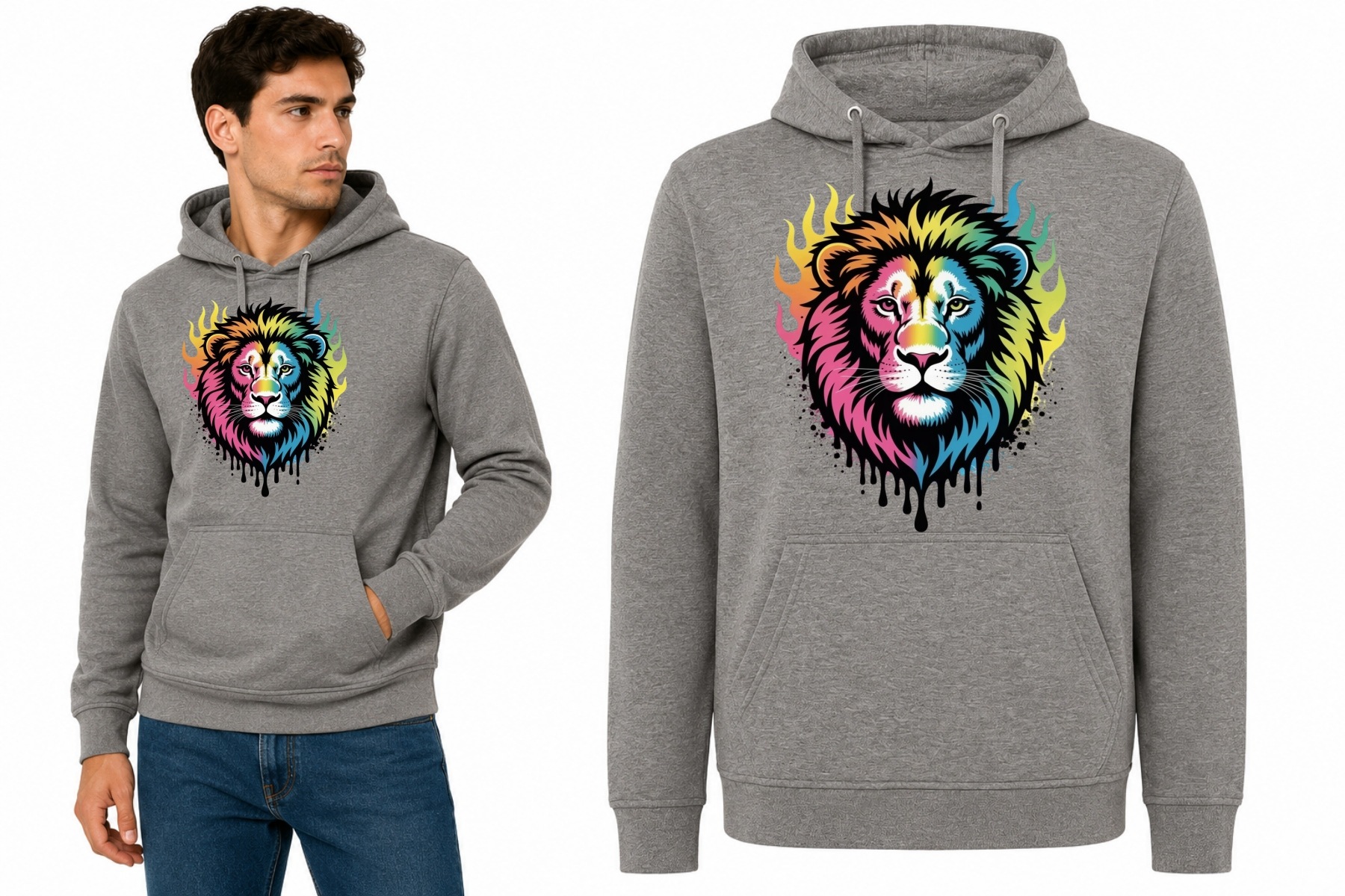 Mikina s kapucí Lev Barevný Graffiti Streetwear s potiskem vel. 4XL
