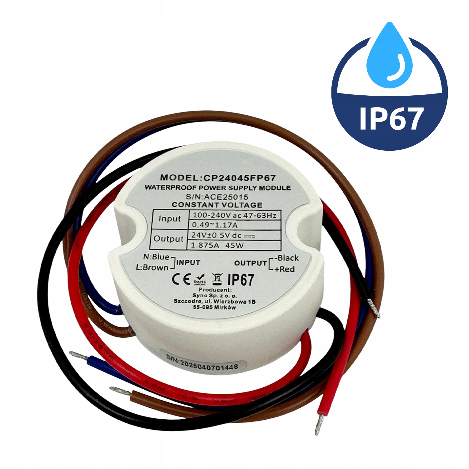 Puškový napájecí zdroj Vodotěsný pro Led 24V 45W 1,88A IP67 Přídavný modul