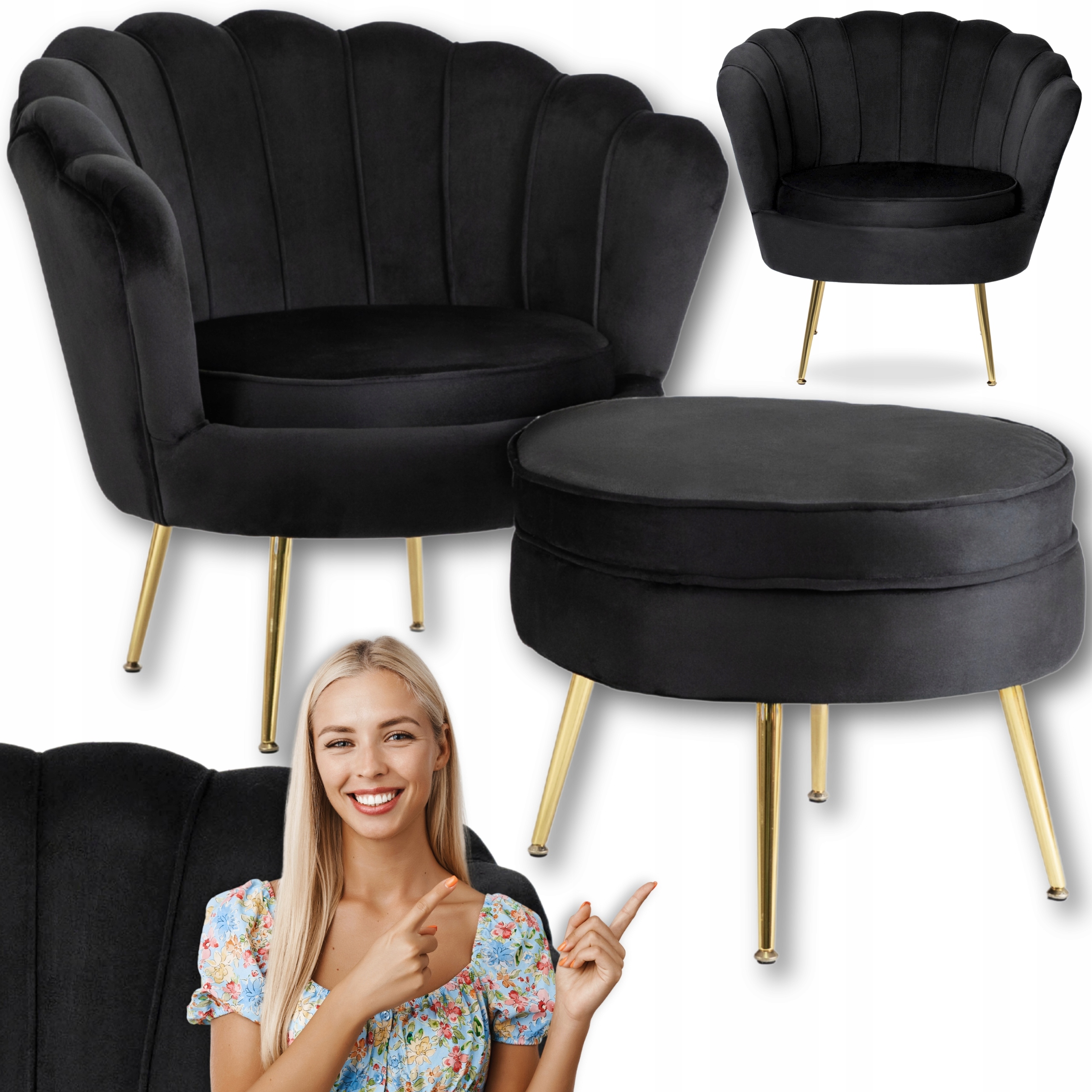 Velurové křeslo Černá Muszelka s podnožkou Glamour do ložnice Grand