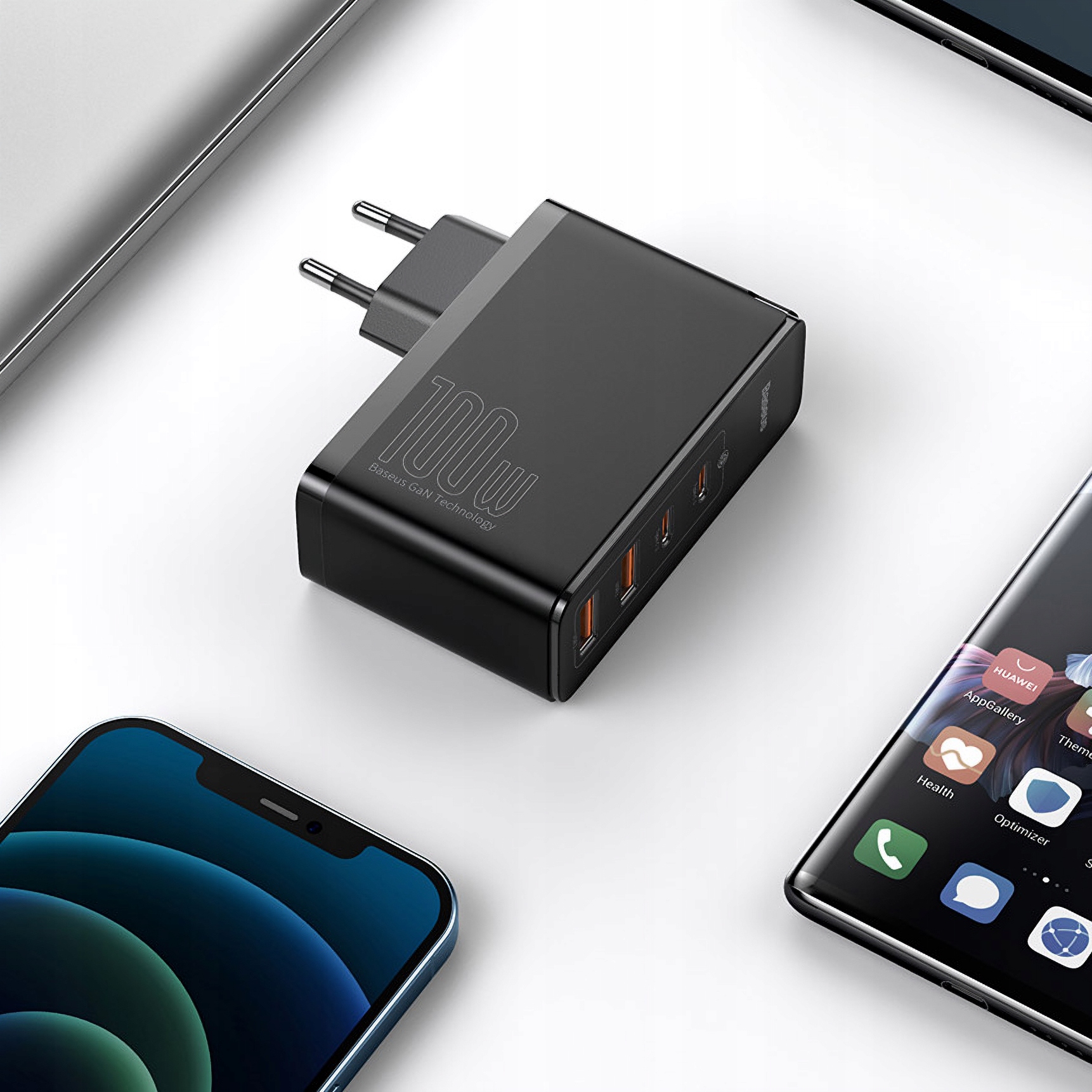 SZYBKA ŁADOWARKA BASEUS DO TELEFONU ZASILACZ DO LAPTOPA 100W 4x USB USB-C Kolor czarny