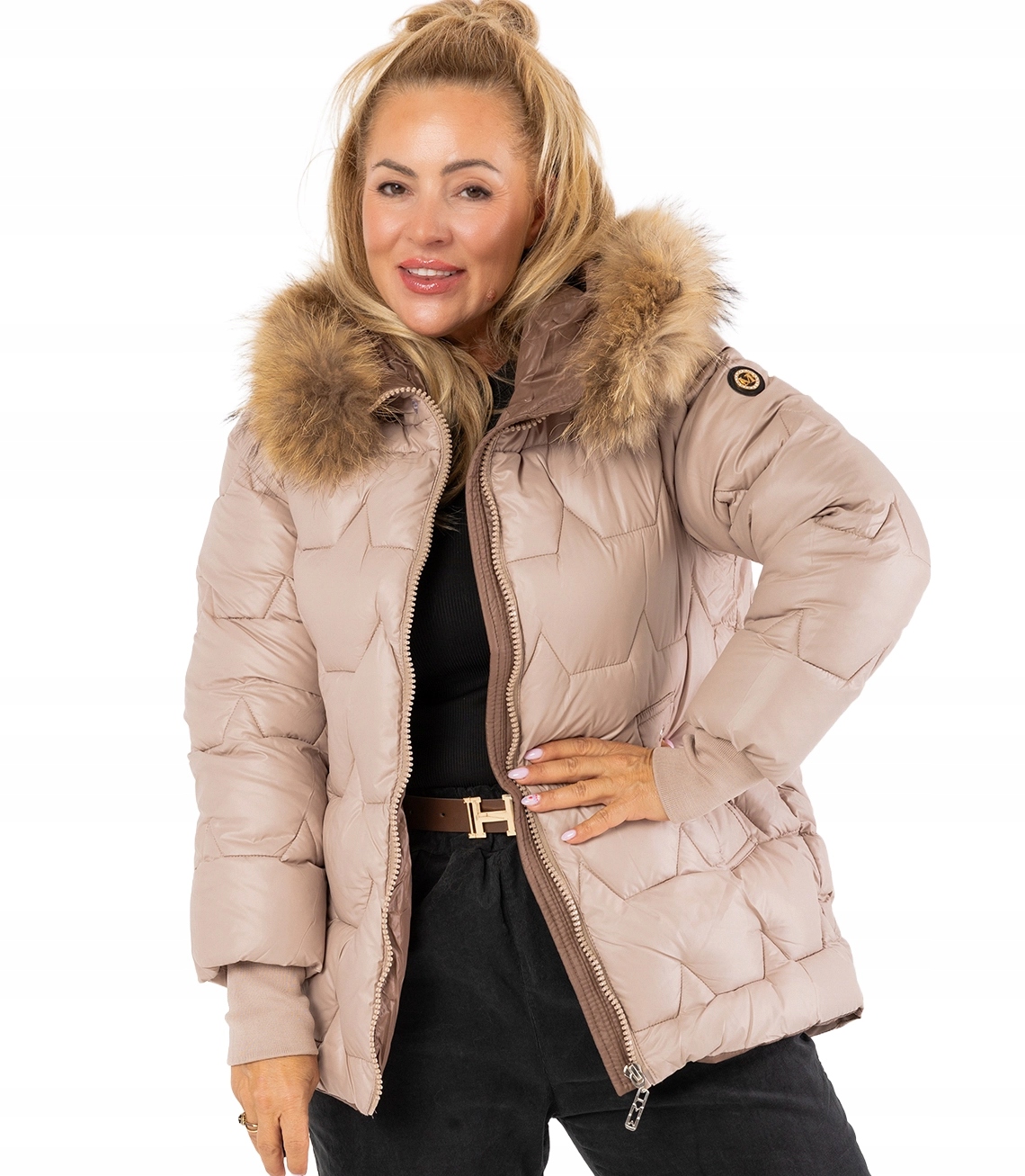 Prošívaná zimní bunda s kapucí zdobenou kožešinou Aria Puff 3XL