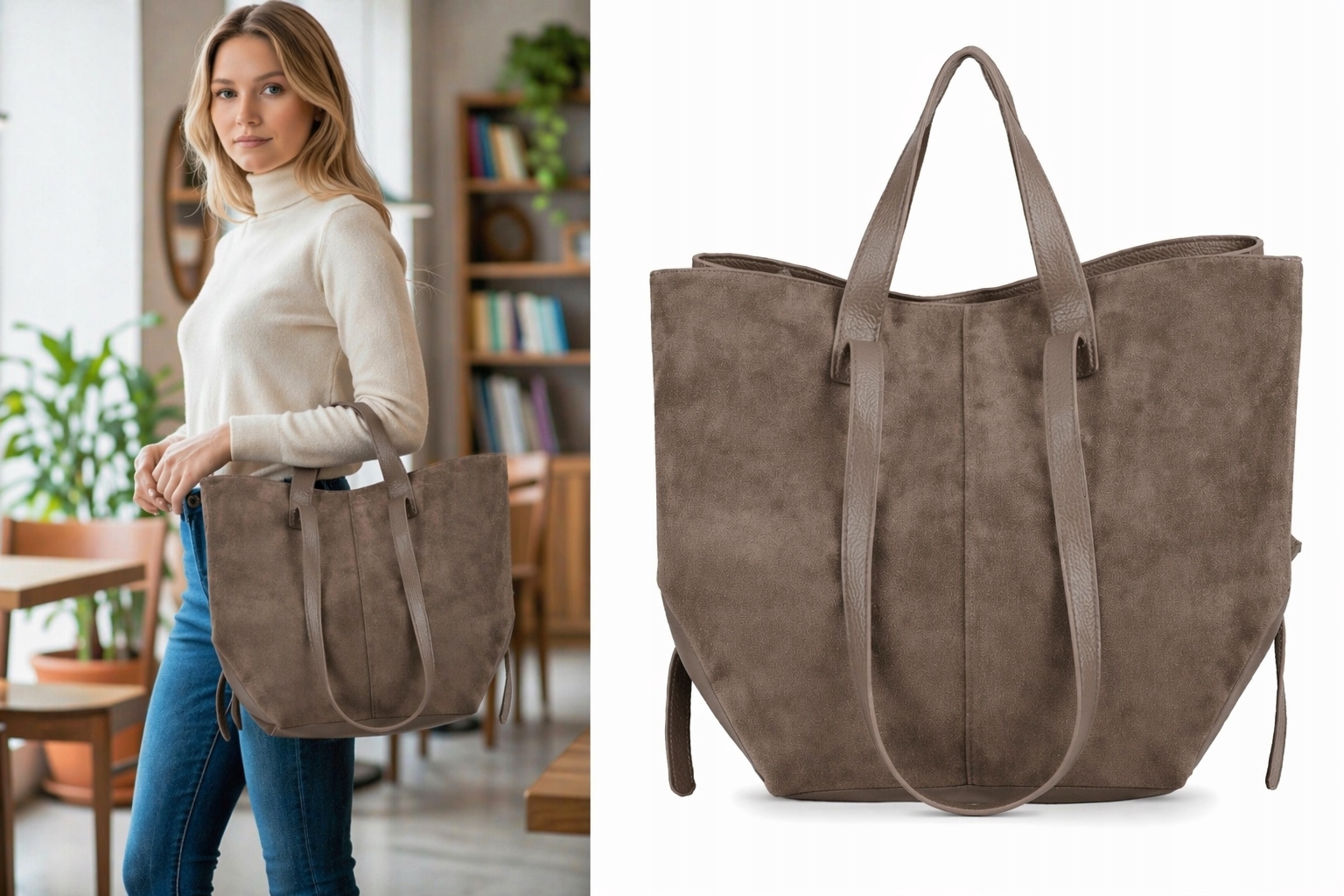 Gallantry Torebka damska Casual na ramię Shopper fango beż Duża A4 zamsz