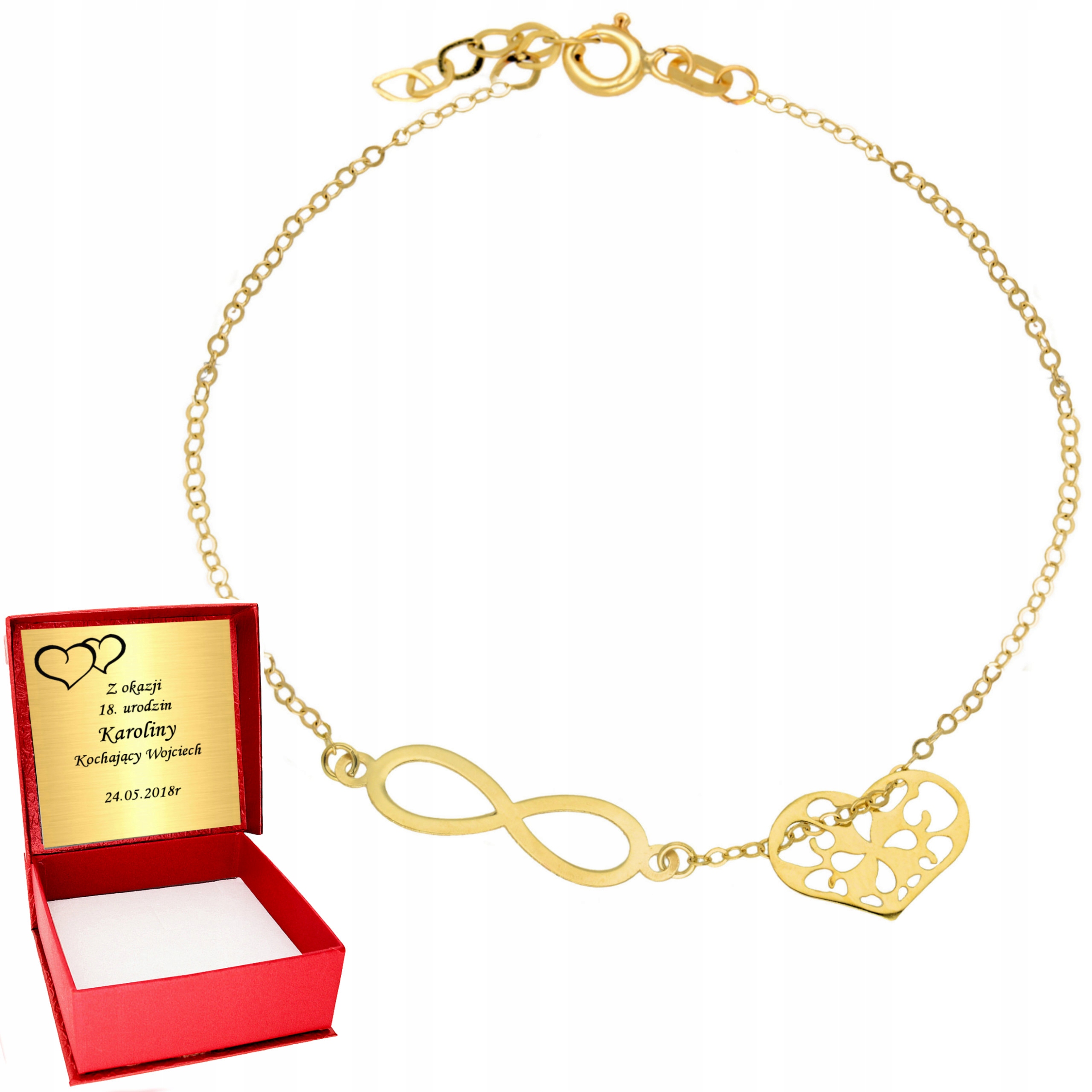 

Złota Bransoletka 333 Nieskończoność serce Grawer