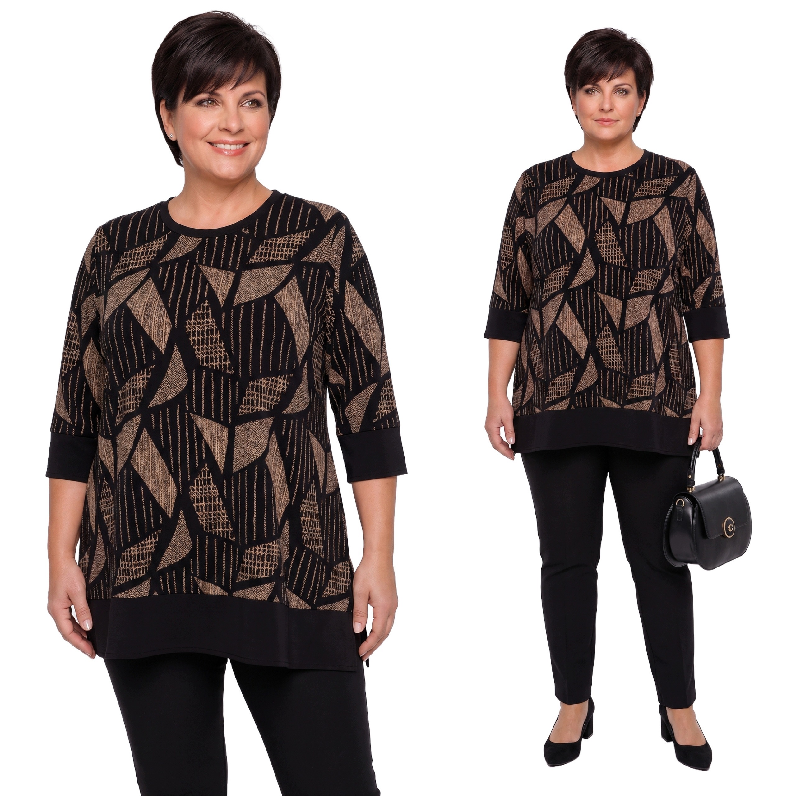 Černá teplá tunika s béžovými geometrickými vzory plus size velikost 60/62